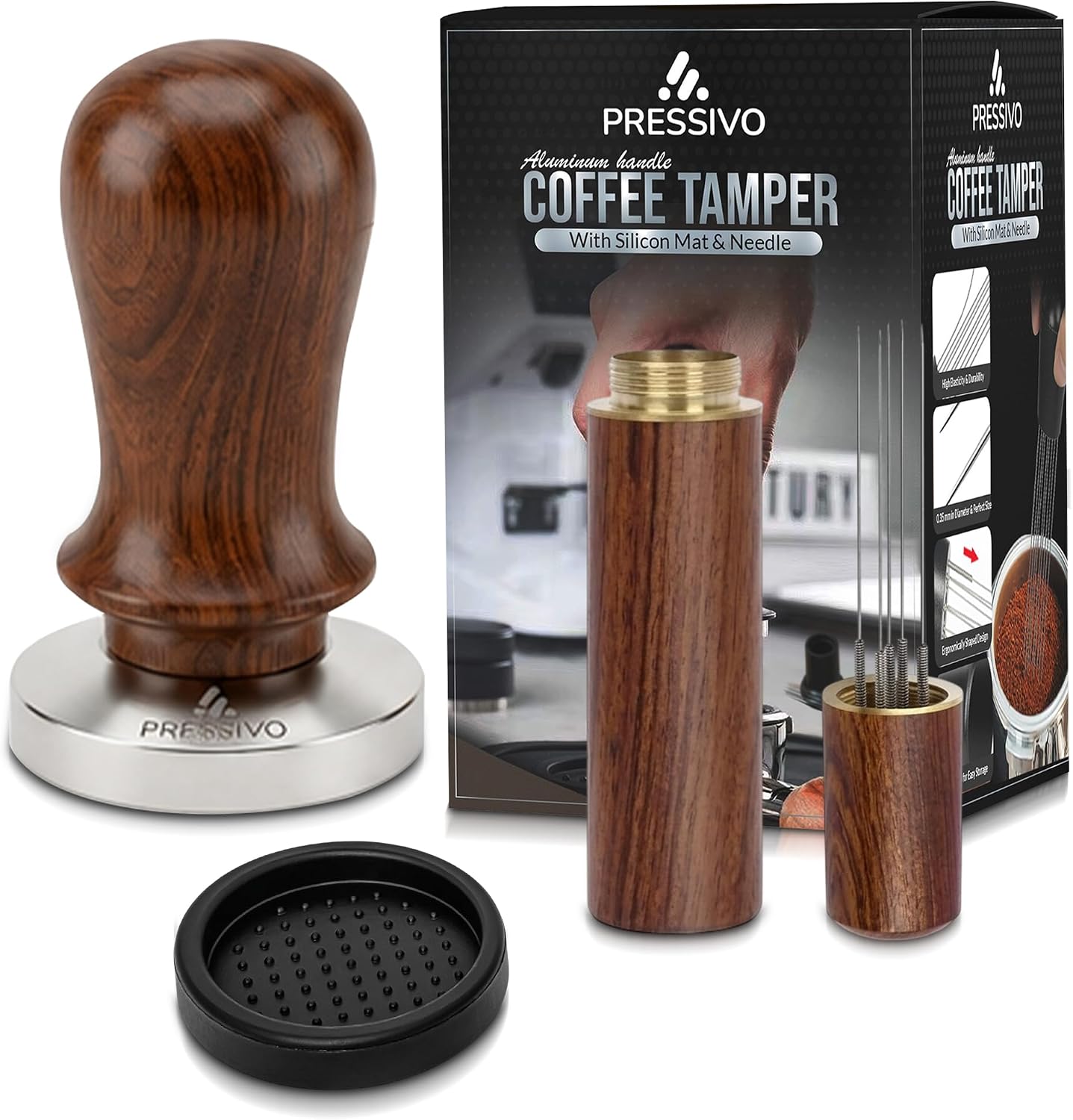 51mm Espresso Accessories Kit - Premium Aluminum Coffee Tamper Set with Silicone Mat WDT Distribution Needle Tool - Spring Loaded Coffee Distributor Needle Tool Walnut Wood (Wood)