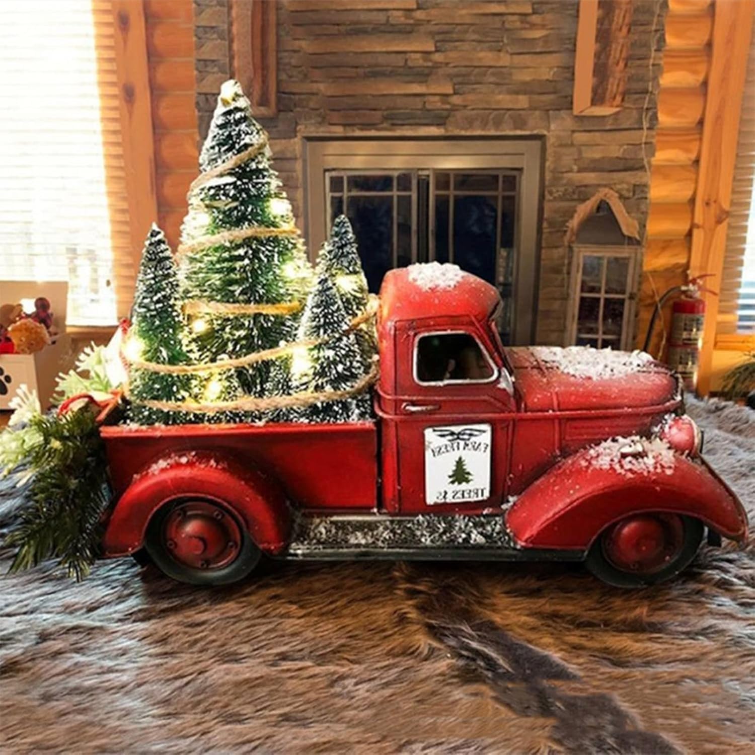 Christmas Vintage Red Truck, Red Truck Farmhouse Table Decor for Home and Coffee Metal Vehicle with Mini Christmas Tree
