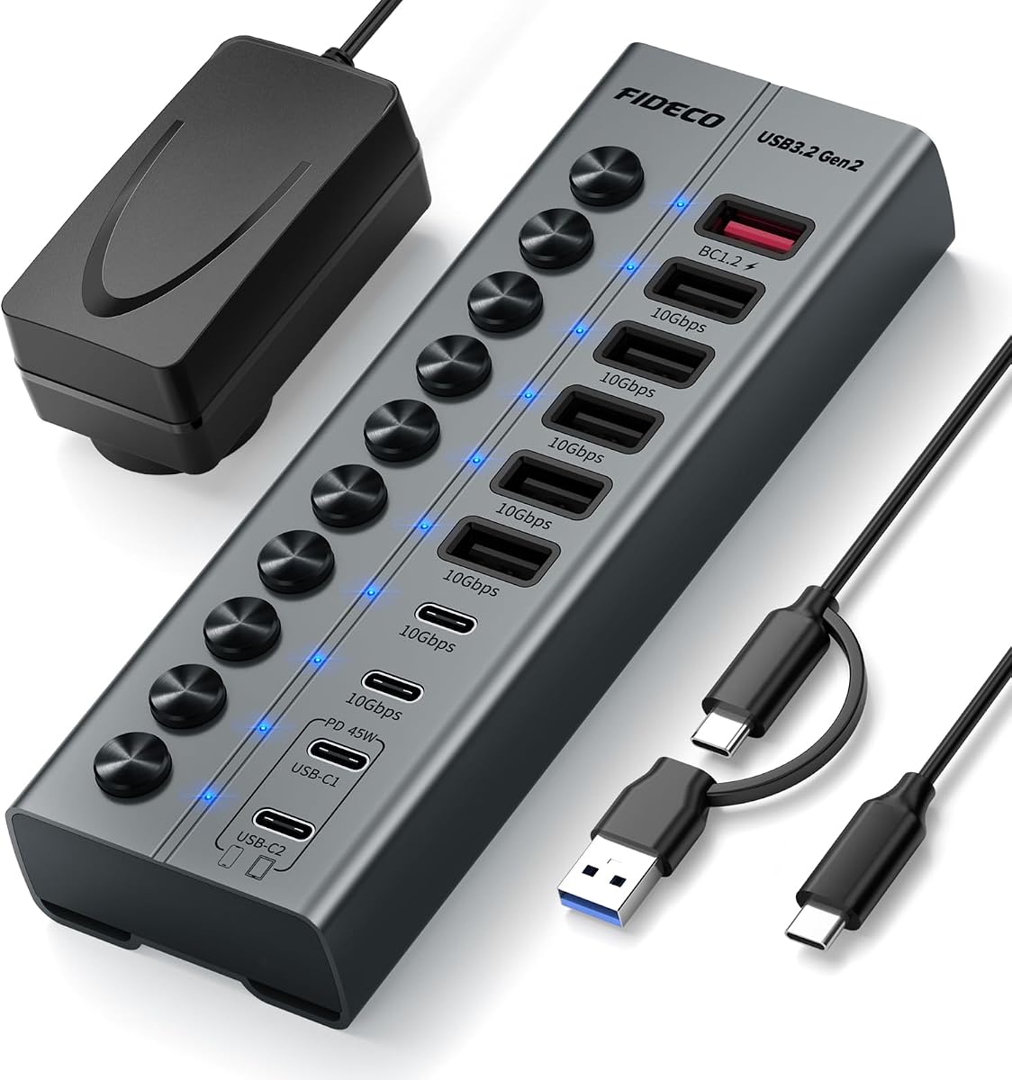 Hub USB alimentado de 10 puertos y 72 W, 10 Gbps, concentrador USB 3.2 con carga PD de 45 W