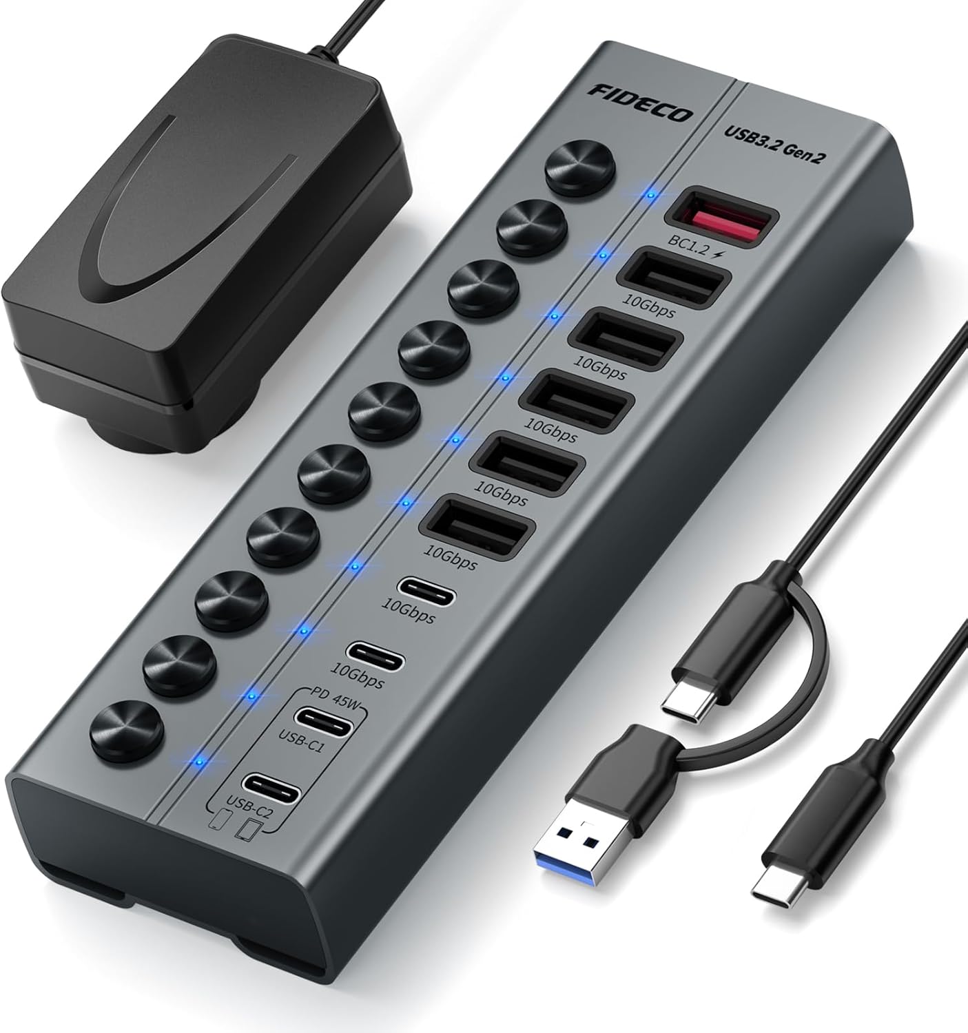 FIDECO 10-Port 72W Powered USB Hub, USB C Hub with 1 BC1.2, 2 PD 45W Charging Ports, and 7 USB 3.2 Ports (5 USB A + 2 USB C), Aluminum 10Gbps USB Hub for Laptop, PC, MacBook, iPhone 17/16/15, Grey