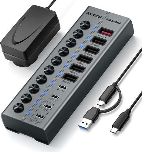 FIDECO 10-Port 72W Powered USB Hub, USB C Hub with 1 BC1.…