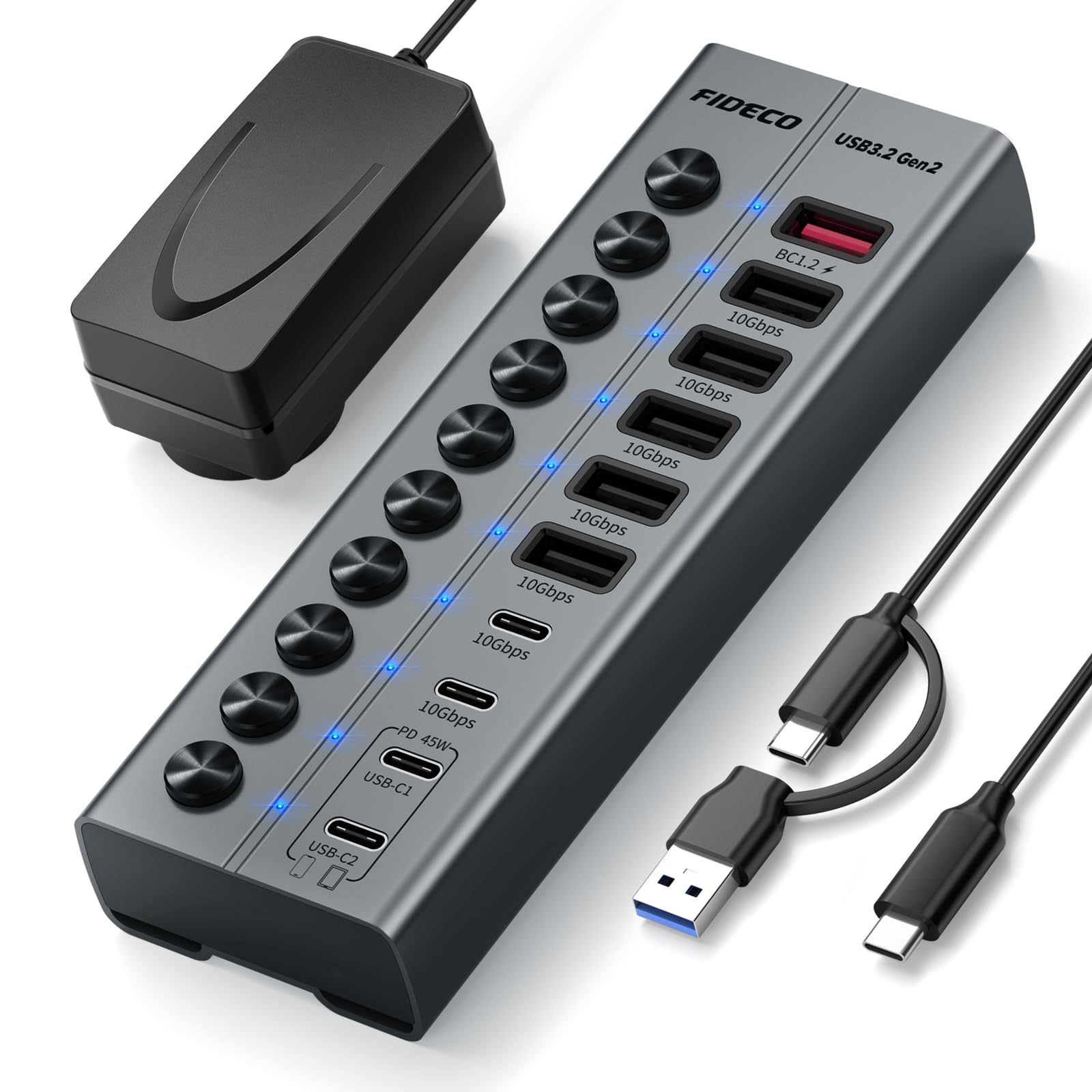 FIDECO 10-portowy koncentrator USB 72 W, koncentrator USB C z 1 BC1.2, 2 portami ładowania PD 45 W i 7 portami USB 3.2 (5 USB A + 2 USB C), aluminiowy hub USB 10 Gb/s do laptopa, komputera, MacBooka