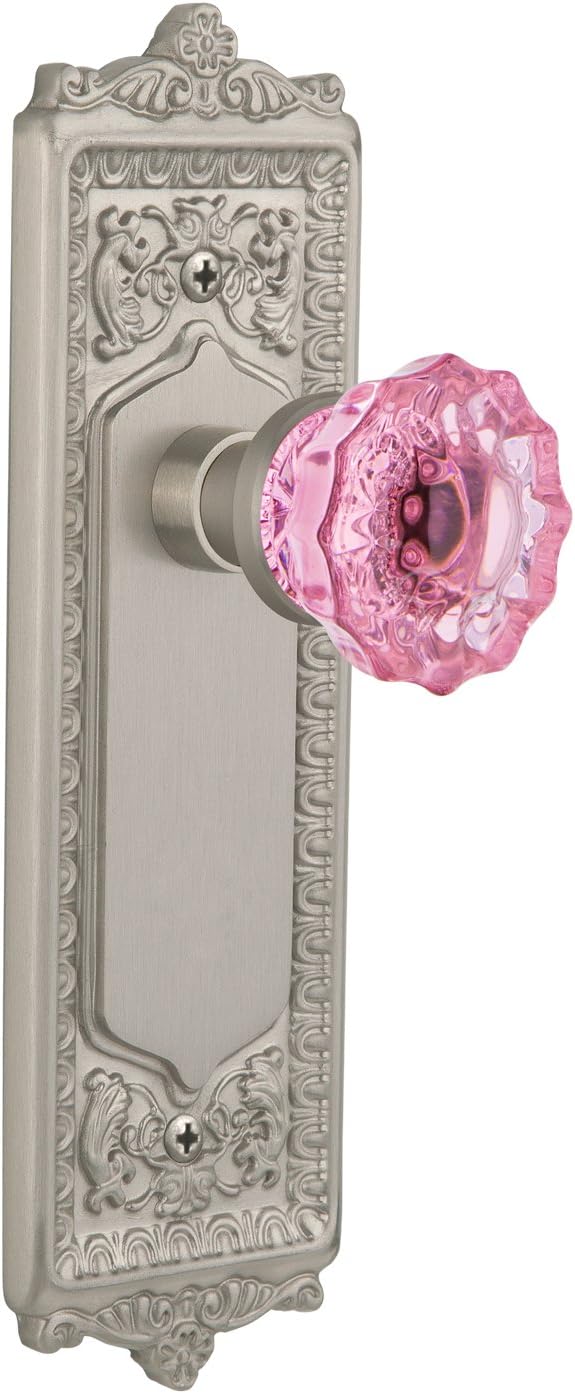 Nostalgic Warehouse 724499 Egg & Dart Plate Privacy Crystal Pink Glass Door Knob in Satin Nickel, 2.375