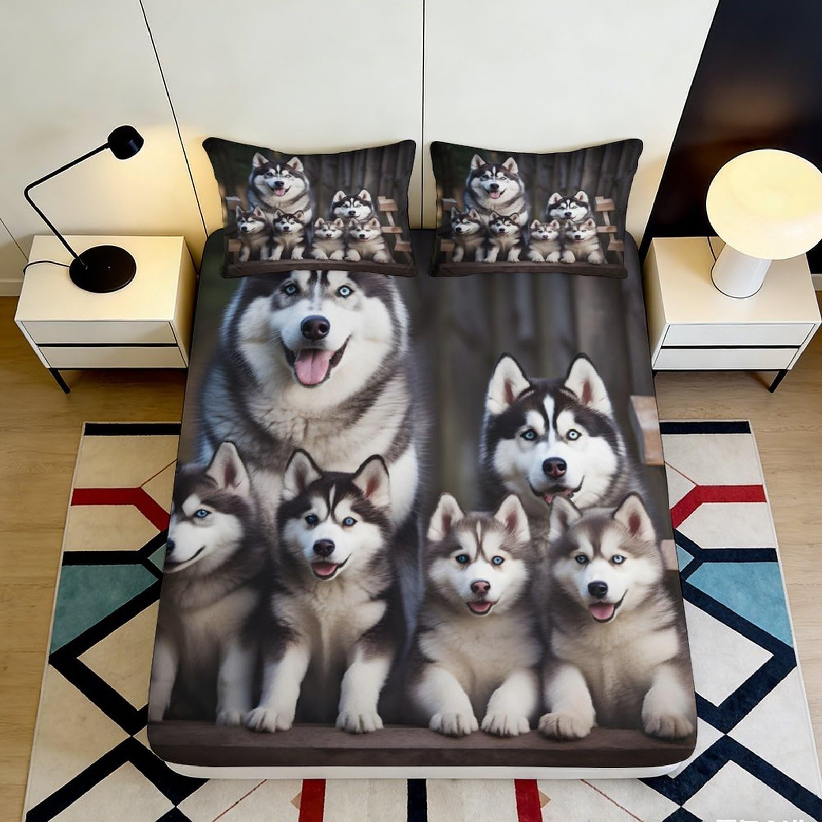3D Printed Husky Pattern Fitted Sheet Microfiber Deep Pocket Bedroom Bedding Set Husky Mattress Fitted Cover Full Wrap 200x200x25cm 90x200x25cm