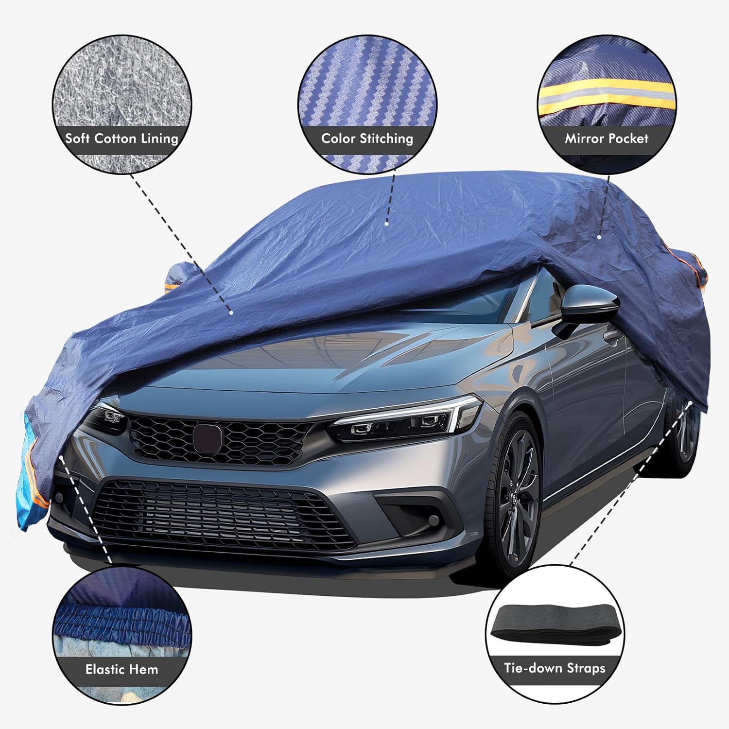 Car Cover Waterproof All Weather, 6 Layers Outdoor Full Exterior Cover Rain Sun UV Snowproof Protection with Zipper Cotton, Mirror Pocket for Honda Accord