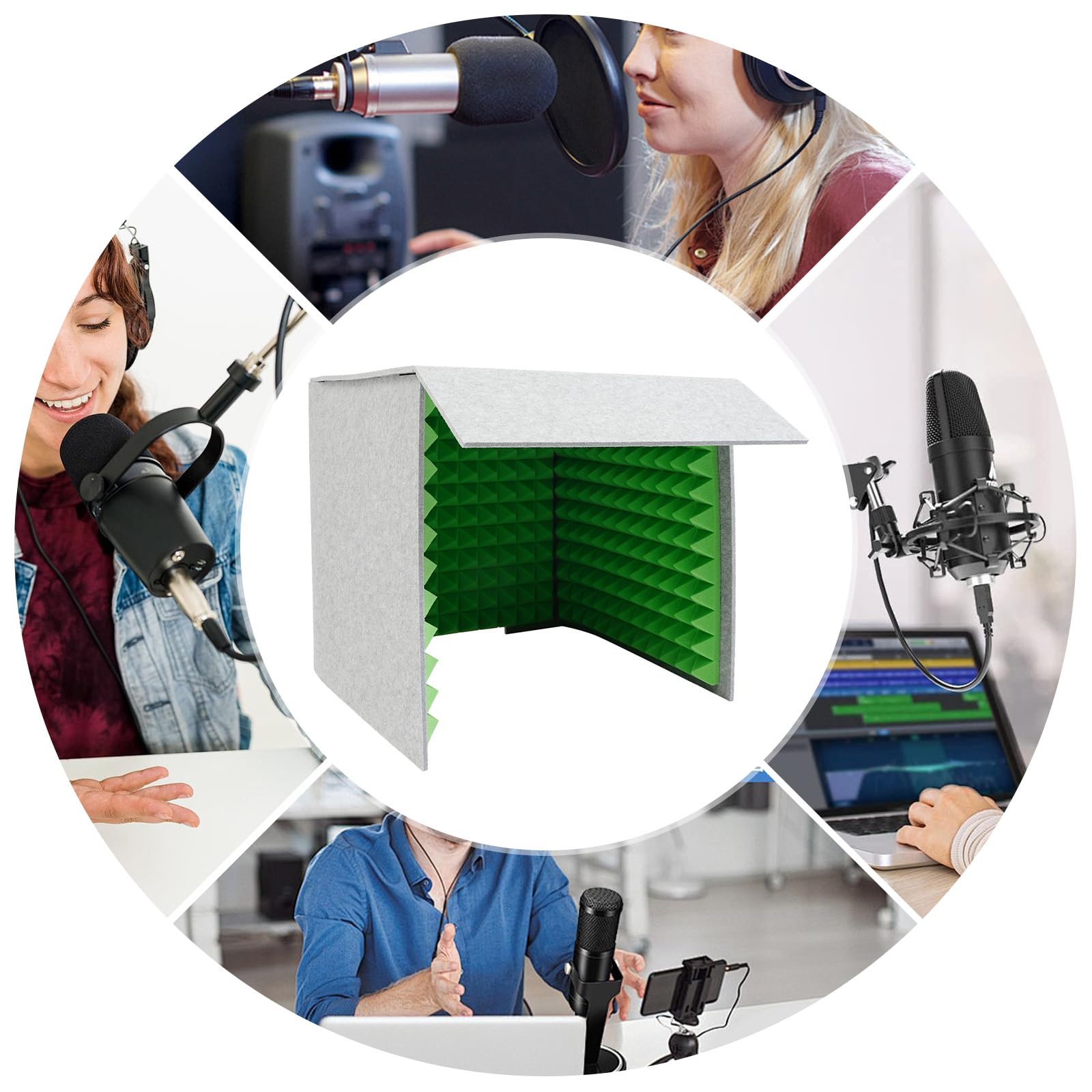 Copertura insonorizzata per desktop - Studio di registrazione pieghevole per insonorizzazione - 60 x 60 cm, esterno grigio interno verde - ideale per Home Studio, podcaster e musicisti