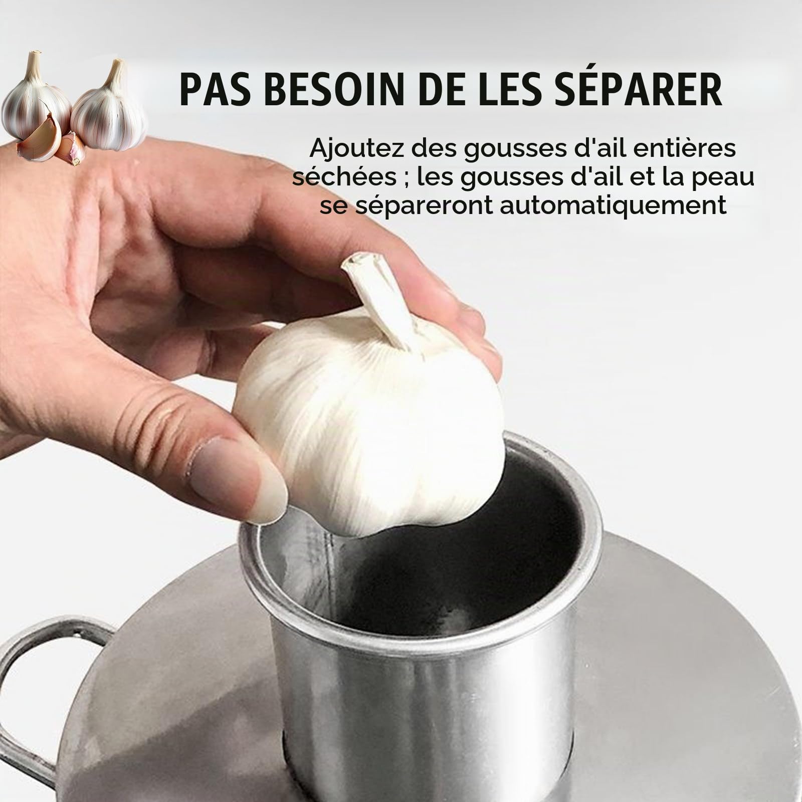 Éplucheur d'ail électrique Professionnel 200 W, capacité de 30 kg/h, avec séparateur d'ail intégré. Découvrez Les Innovations culinaires