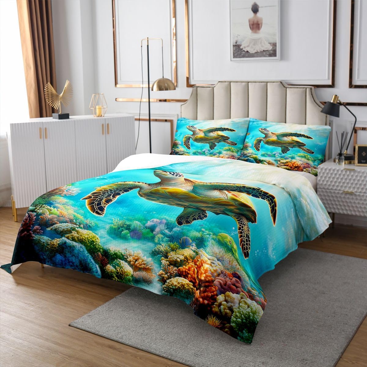 jejeloiu Sea Turtle Bedspread Quilts Ocean Coastal Coverlet Set King Size for Kids Boys Girls Reptile Tortoise Quilted Coverlet for All Season with 2 Pillowcases Microfiber