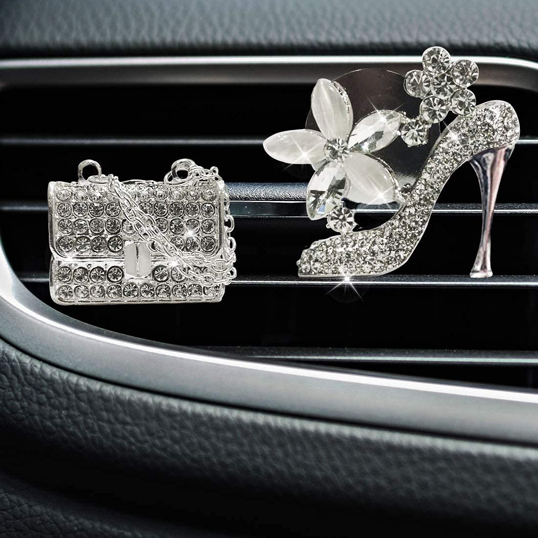 Automotive Interior Crystal High Heel Shoe & Magic Bag Air Vent Clip Charm - Bling Sparkly Bedazzled Rhinestone Car Accessories - Interior Decoration for Girls