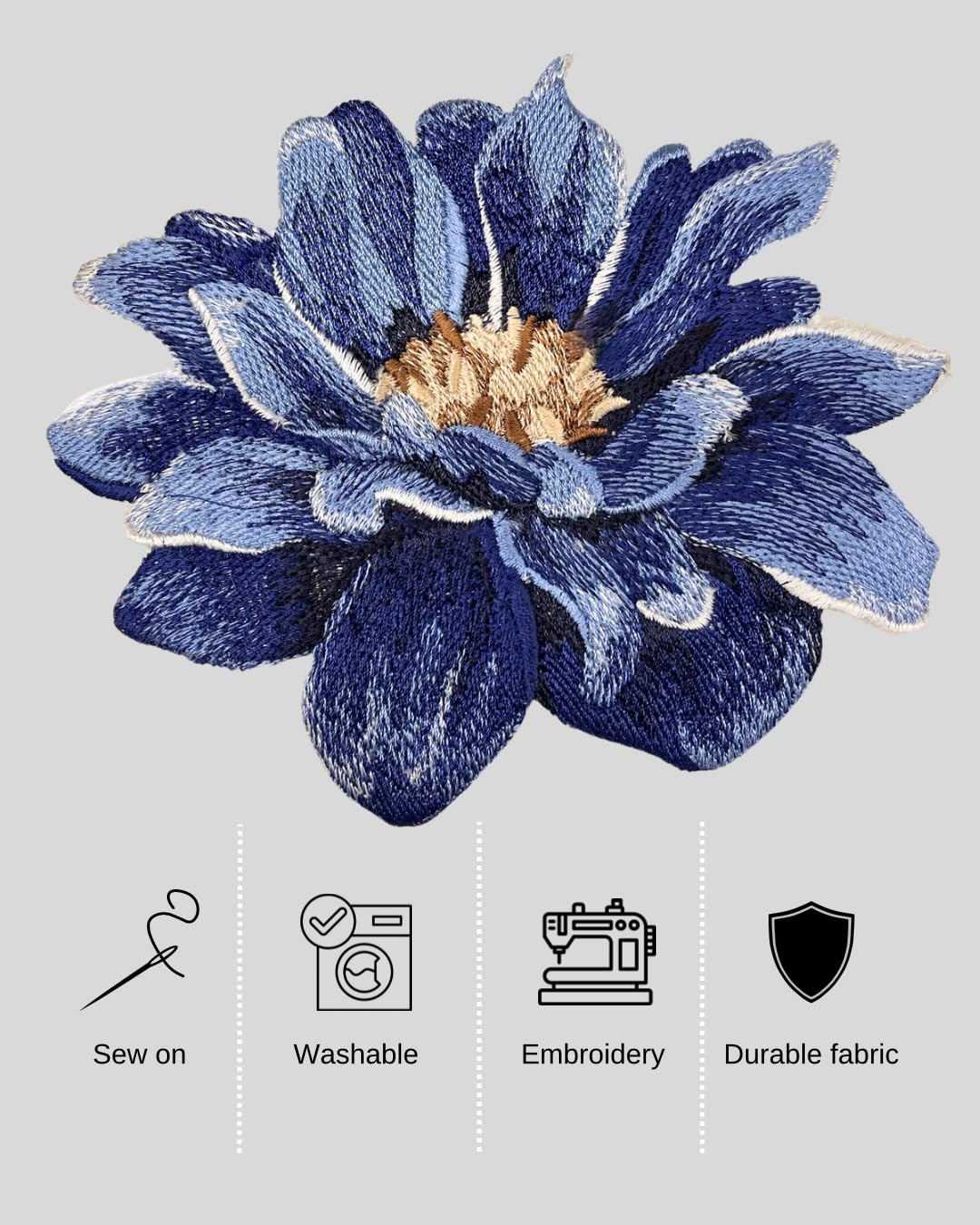 GARAAN - Machine Embroidered Applique, Embroidery Patch, Sew on Patches, DIY Projects, Dahlia Flower (Pack of 3) (Denim)