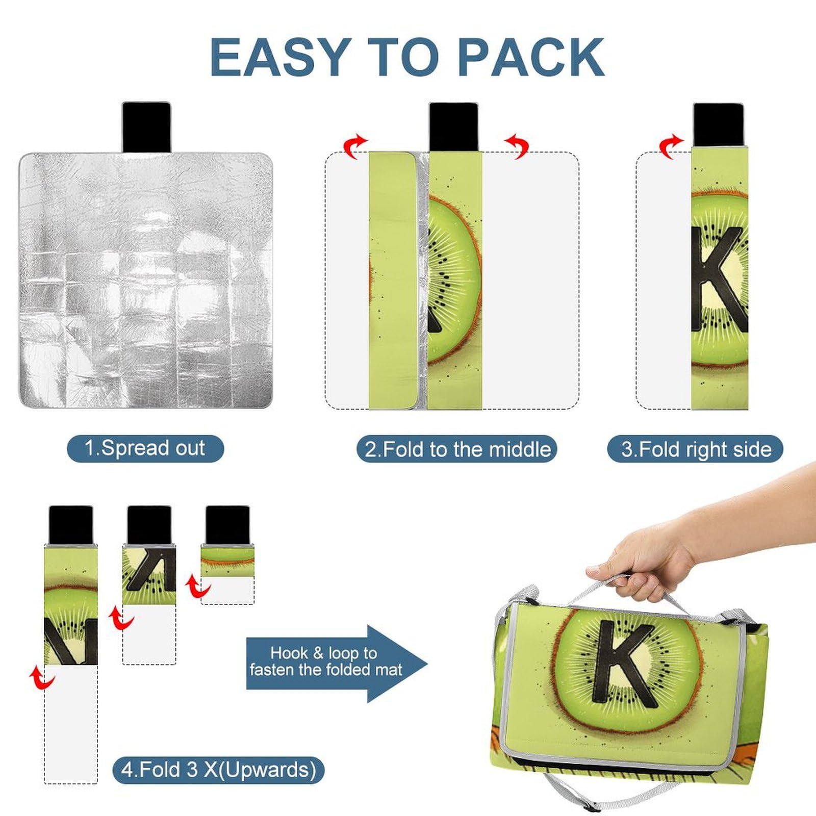 Coperta da picnic da spiaggia, motivo kiwi stampato, coperta da picnic impermeabile, pieghevole, extra large, tappetino quadrato da picnic, per escursioni, viaggi, campeggio all'aperto, parchi
