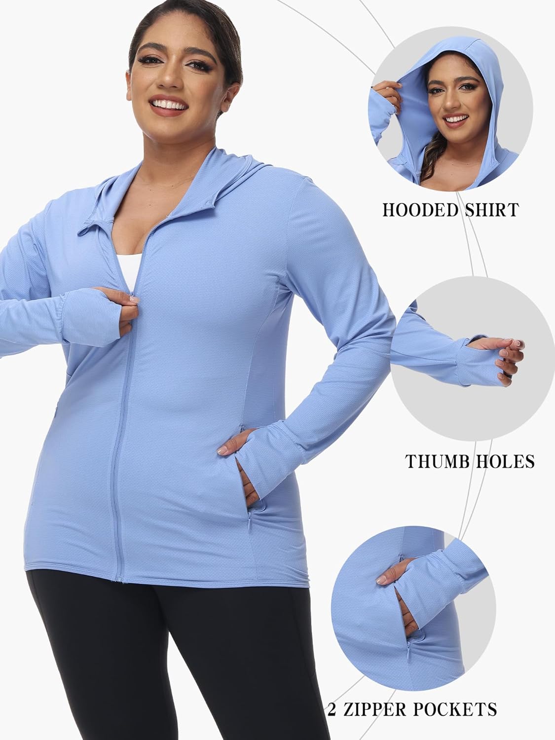 Women's Plus Size UPF 50+ Lightweight Athletic Hoodie Jacket Full Zip Long Sleeve Shirts Outdoor - Image 4