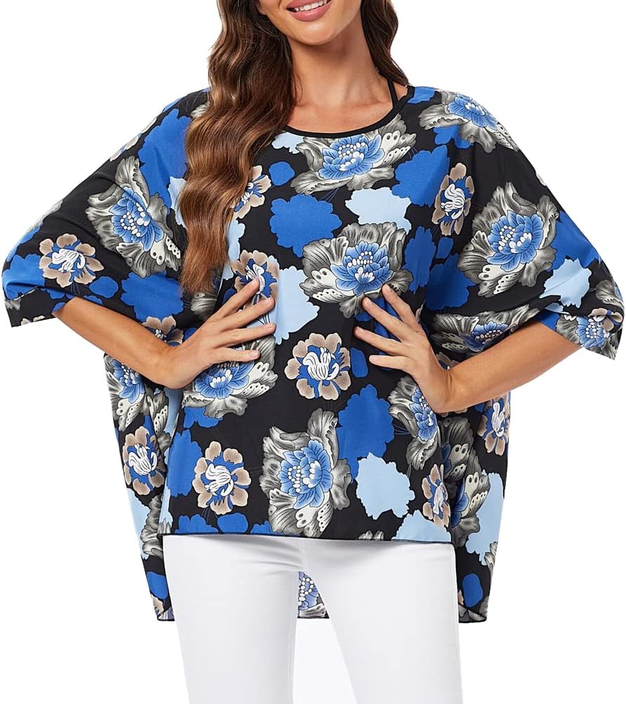 Ckikiou Womens Batwing Loose Chiffon Summer Blouse Tunic Floral Printed Boho Beach Cover ups