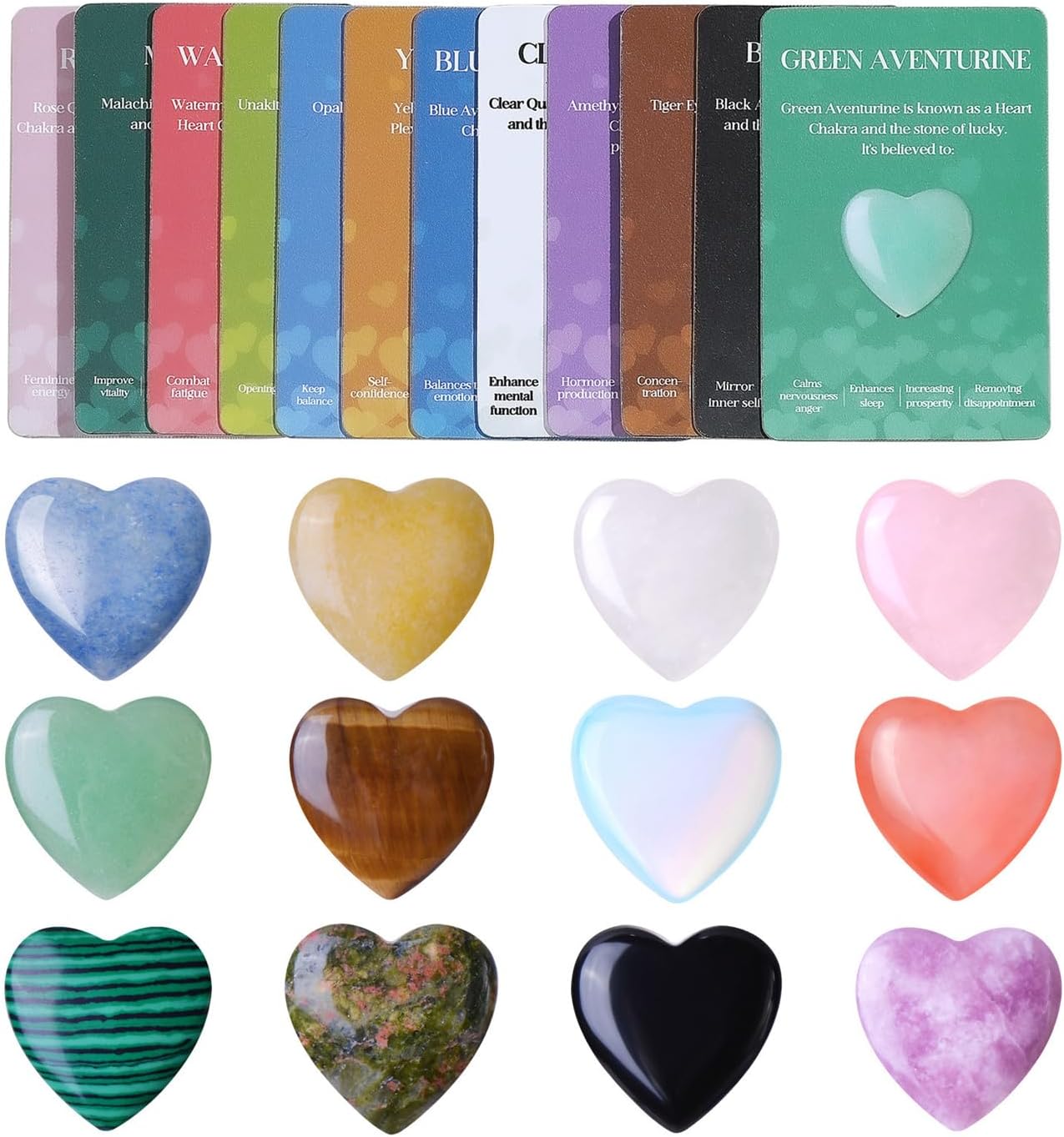 12/24 / 36Pcs Heart Genuine Stone with Inspirational Note Cards for Birthday Valentines Exchange Gift with Encouraging Message Cards for School Valentines Present