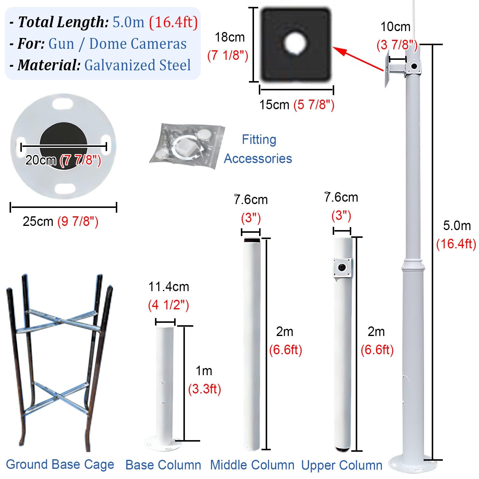 Este Soporte Vertical Universal para cámara de Seguridad, Soporte de Poste de vigilancia Exterior, Columna de Brazo de Monitor de Metal, Estante para Paneles solares (5 m (16,4 pies))