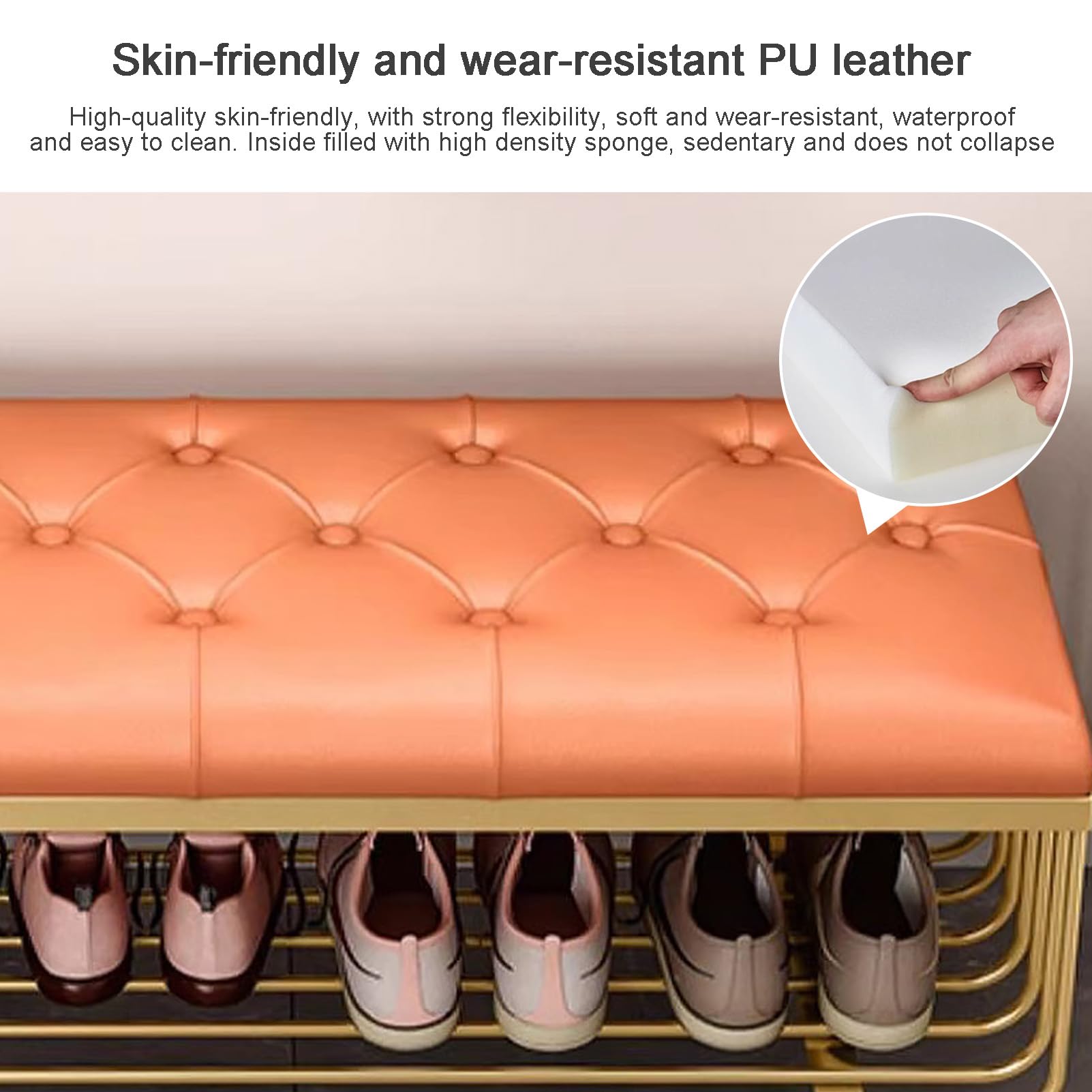 2-Poziomowa Ławka Na Buty Do Przedpokoju, Stojak Na Poduszki, Sypialnia, Korytarz, Solidny Organizer Na Buty Ze Skórzanym Blatem I Złotą Metalową Ramą, Pomarańczowy, 100 X 35 X 45 Cm