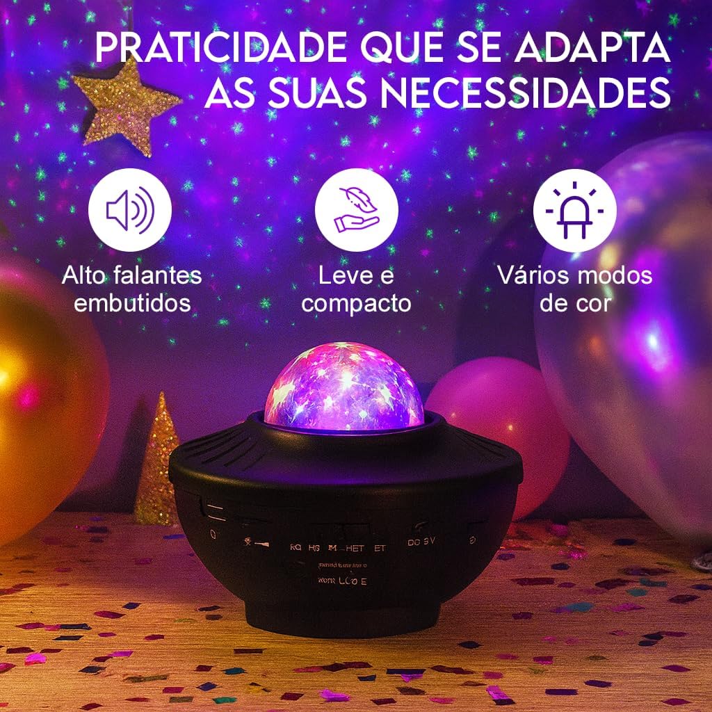Projetor de Estrelas Galáxia LED RGB com Música Bluetooth e Controle Remoto – Luminária Noturna Giratória para Quarto e Decoração Infantil
