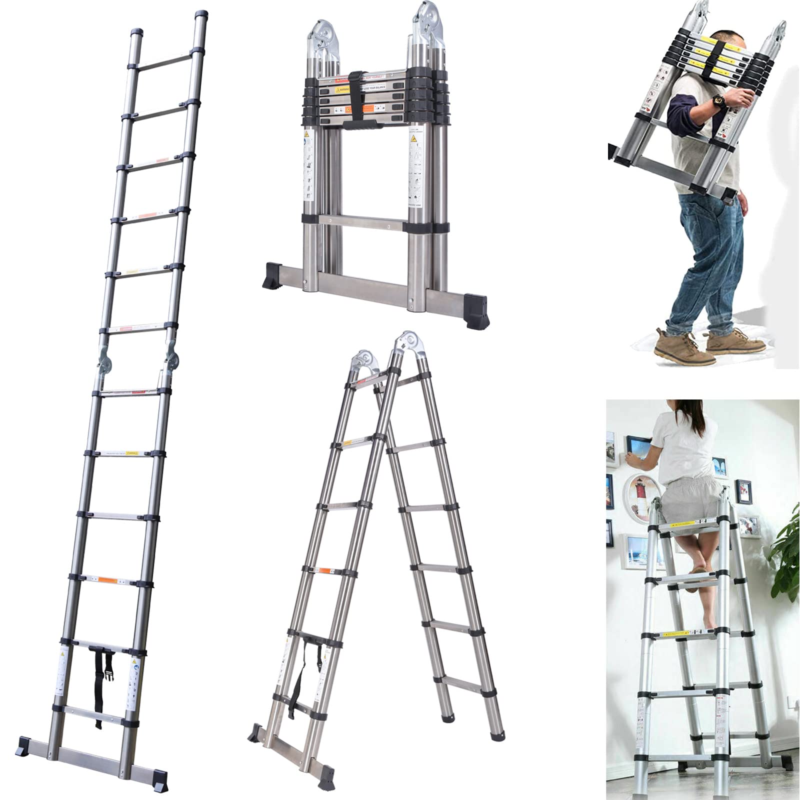 12.5FT/3.8M Stainless Steel Telescoping Extension Ladder Portable Multi-Purpose Folding A-Frame Ladder with Hinges, Telescopic Loft Step Ladder for Decorating/Painting, Max Load 150kg/330lb
