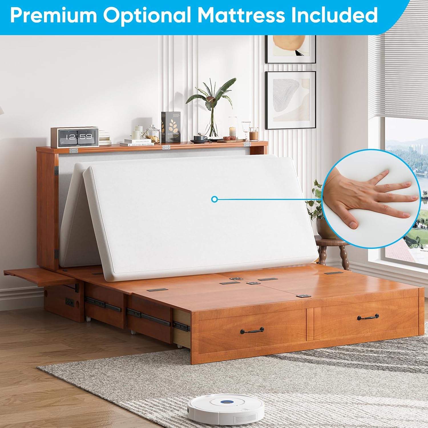 Mjkone Murphy Cabinet Bed Queen Size with Foldable Mattress Included, Guest Cabinet Murphy Beds with USB Ports, Cube Cabinets Chest Wall Beds with Drawers for Living Room Bedroom Home Office, Cherry