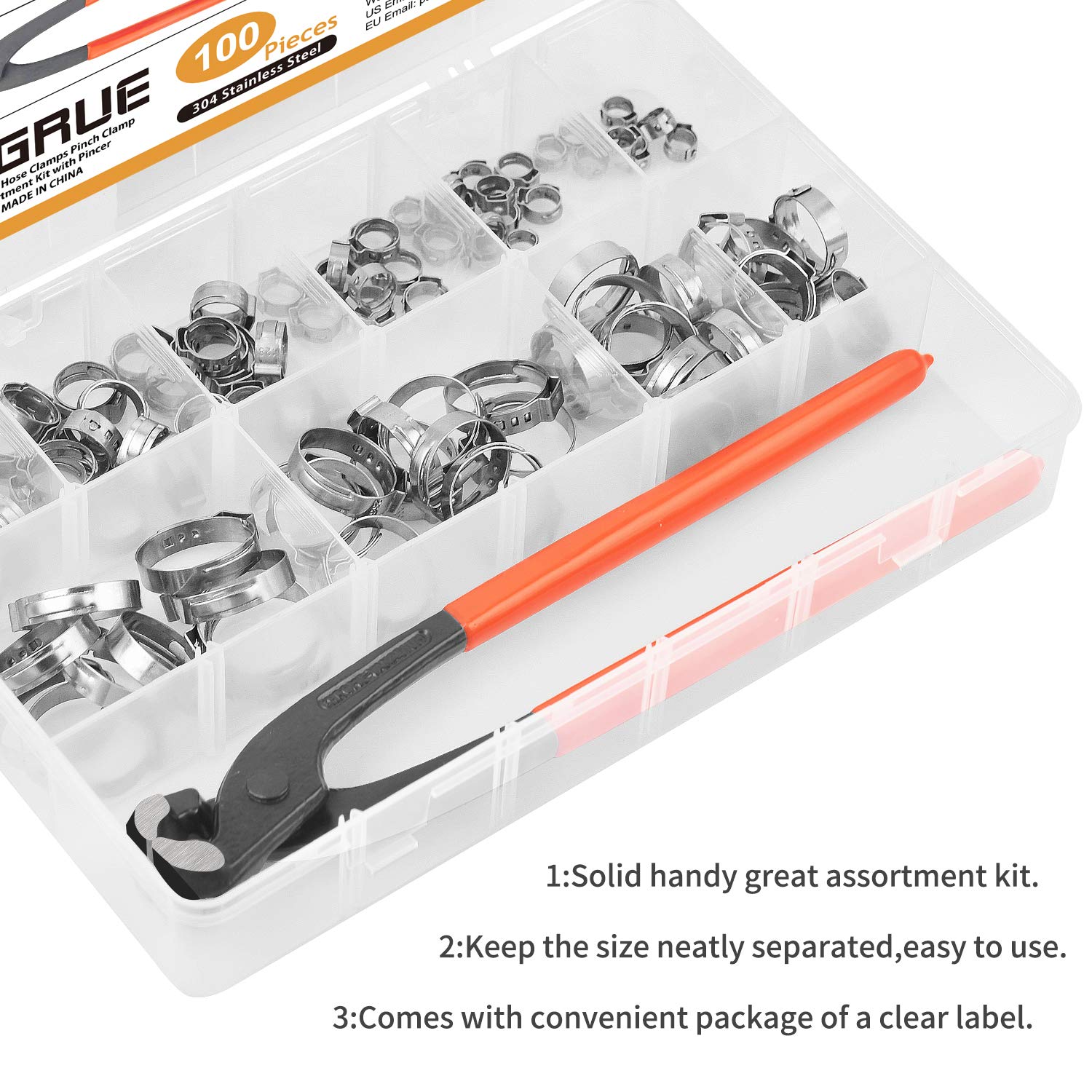 VIGRUE 100Pcs 6-28.6mm Single Ear Hose Clamps 10 Sizes with Ear Clamp Pincer 304 Stainless Steel Stepless Hose Clamps for Securing Pipe Hoses and Automotive Use