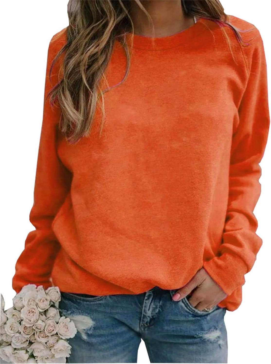 Roselux Women's Crewneck Raglan Long Sleeves Shirts Soft Comfy Casual Sweatshirts Tops Medium Orange