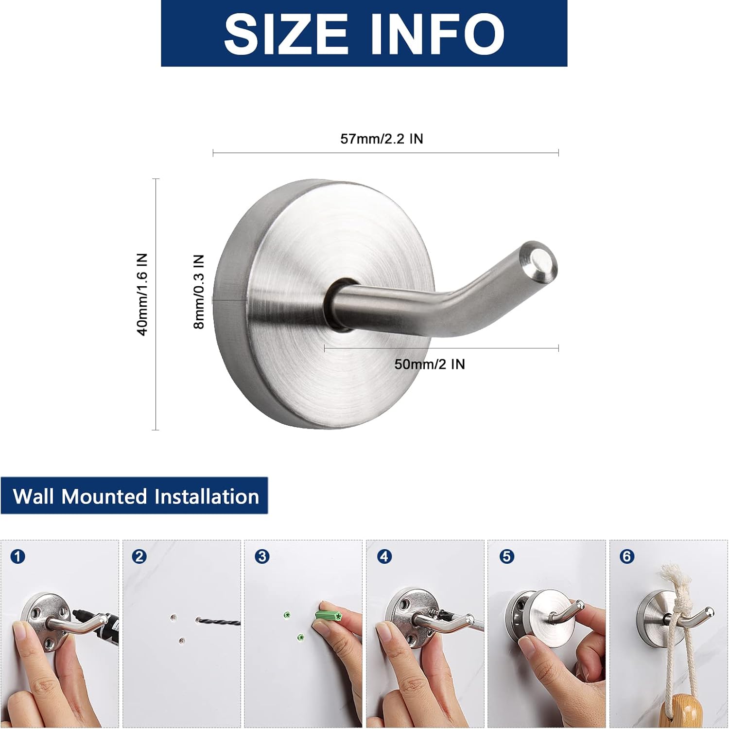 NearMoon Coat Hooks, Wall Mount Hooks for Hanging Hat Hurse Robe, 304 Stainless Steel Heavy Duty Towel Hangers for Bathroom Livingroom Hotel Kitchen Garage, 6 Pack (2 Inch, Brushed Nickel) image 2