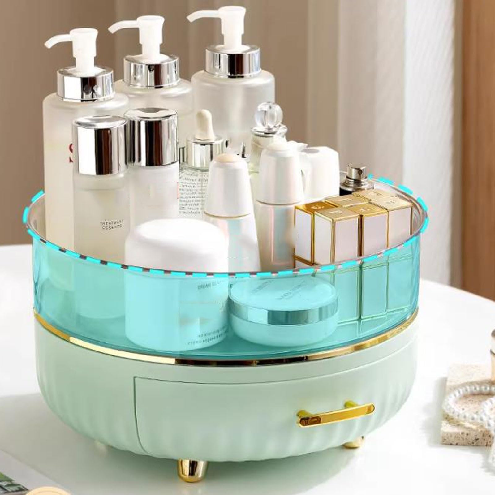 Organizer na kosmetyki Obrotowa taca na przybory do makijażu o 360° Pędzel Uchwyt pielęgnacji skóry z szufladą kosmetyki Perfumy Biżuteria, toaletki Sypialnia Łazienka(Green)