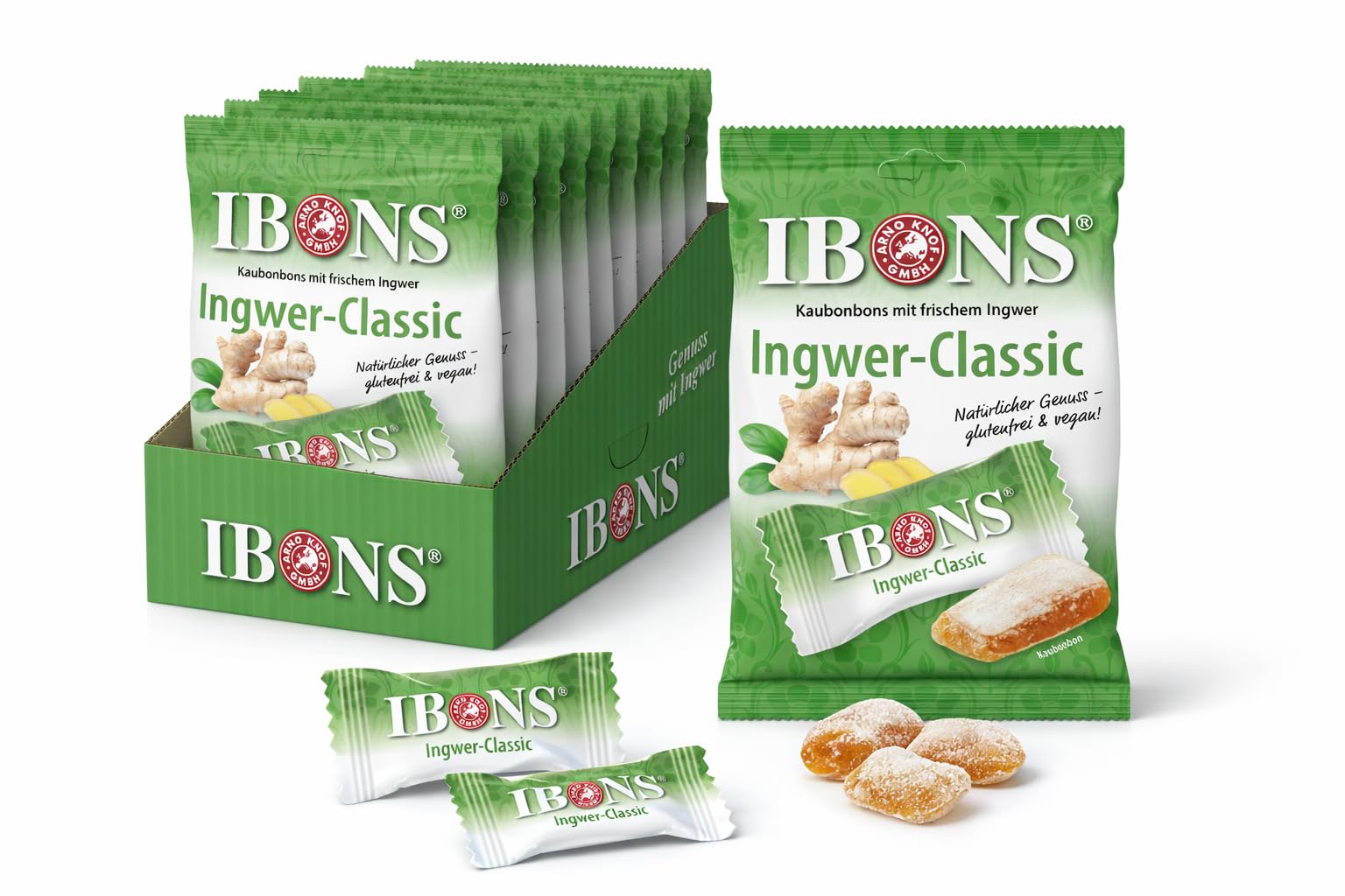 IBONS Ingwer Bonbons Classic – Weiche Ingwer Kaubonbons mit echtem frischem Ingwer – Süß & leicht scharf – Vegan & Glutenfrei & Halal & Lactosefrei – 10 x 92 g Tüten