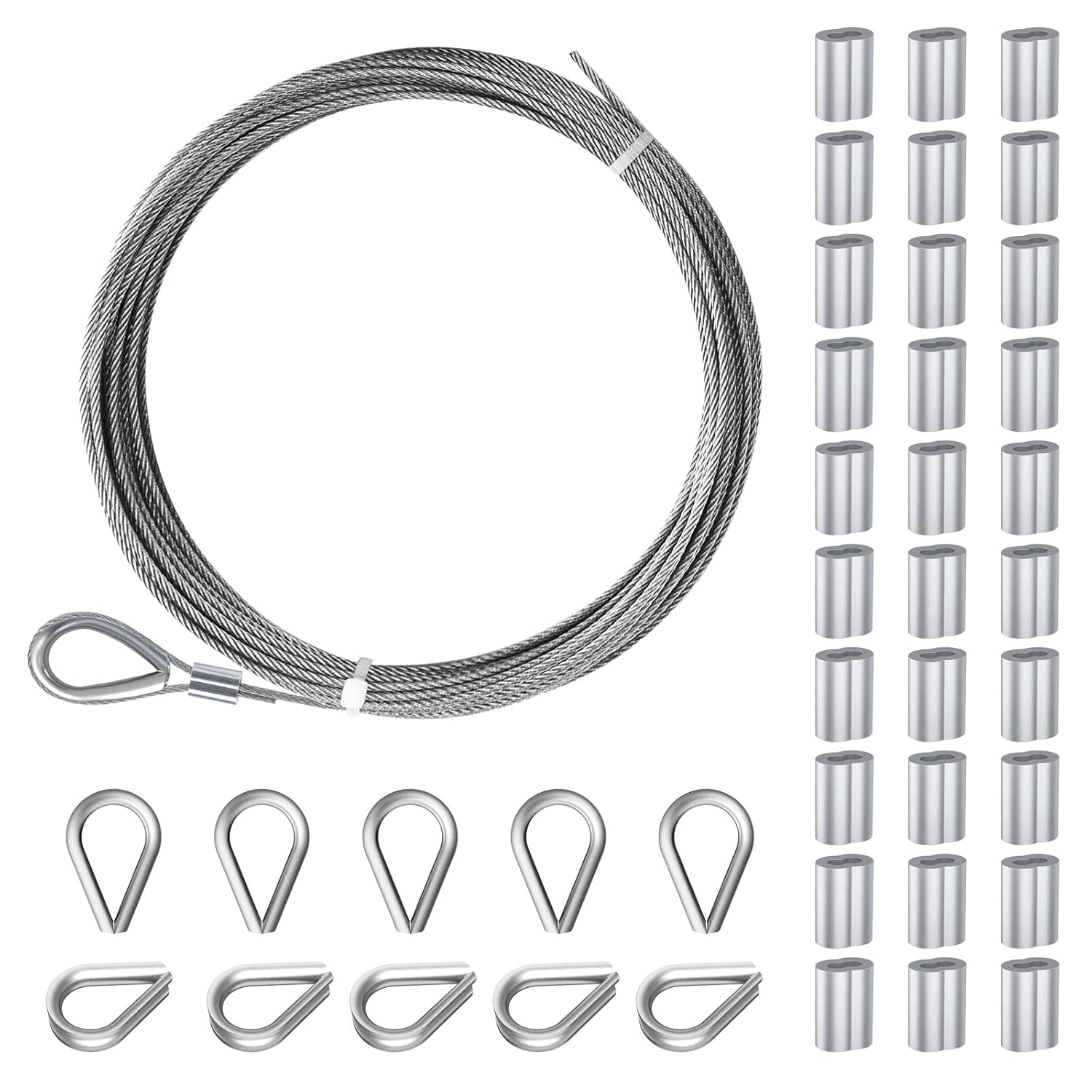 Sanuke 1/16” 304 Stainless Steel Cable, 33ft Wire Rope Metal Cable with Loop Sleeve and Thimble, 7x7 Strand Core Steel Wire for Deck Railing System, Garden Fence, Outdoor Hanging Kit