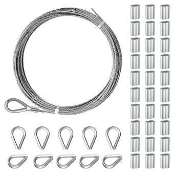 Sanuke 1/16 304 Stainless Steel Cable, 33ft Wire Rope Metal Cable with Loop Sleeve and Thimble, 7x7 Strand Core Steel Wire for Deck Railing System, Garden Fence, Outdoor Hanging Kit