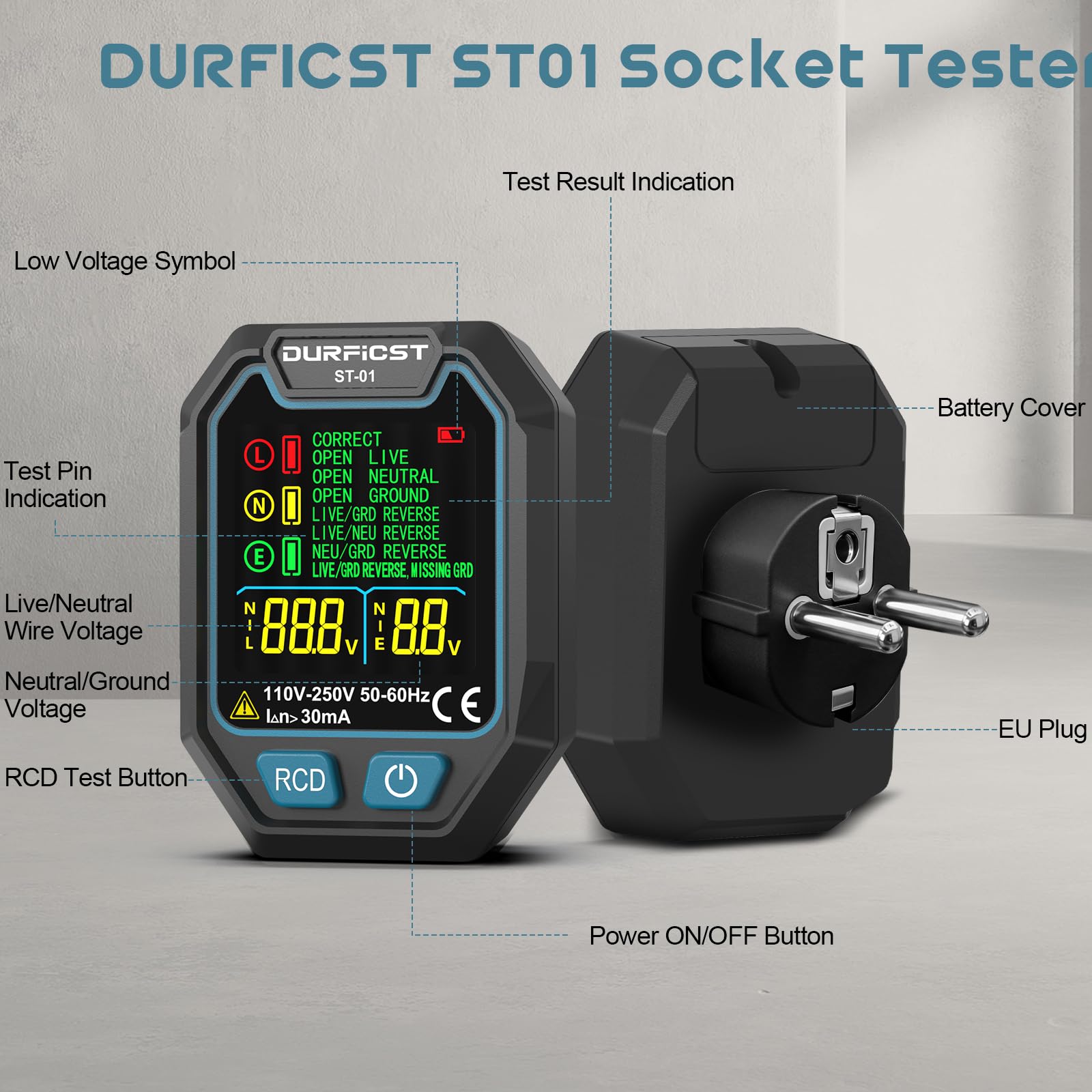Zestaw do testowania domu DURFICST, miernik wilgotności, dalmierz laserowy i tester gniazdek, wykrywanie wilgoci 20-40 mm, miernik laserowy 70 m, tester gniazdek z funkcją RCD | Miernik wilgotności wykrywa 20-40 mm, dalmierz 70 m z 4 jednostkami, tester g
