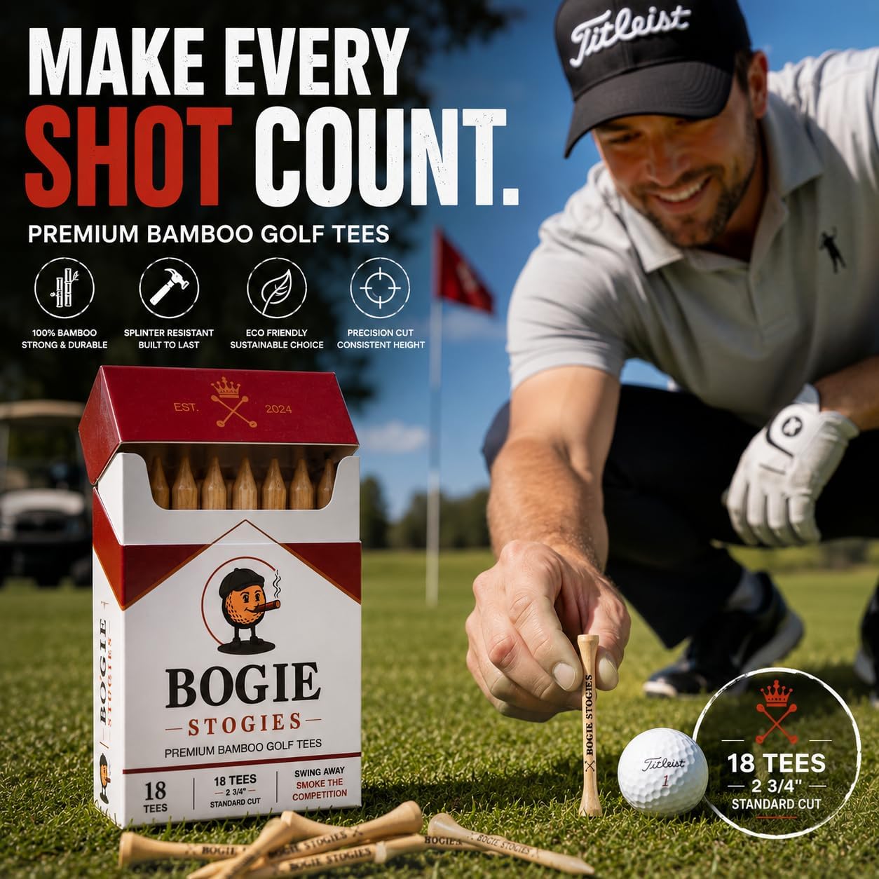 Premium Bamboo Golf Tees – 180 Count 2 3/4" Eco-Friendly Wooden Tees Funny Golf Gifts for Men Cigarette Style Tee Box Packaging image 4