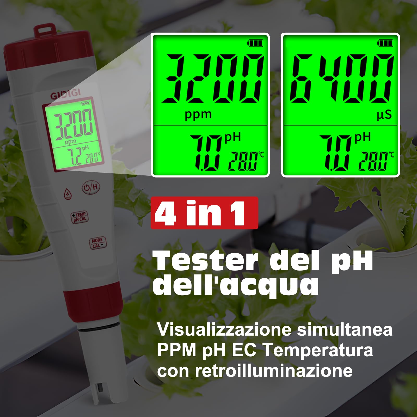 Tester di pH EC per idroponica, visualizzazione simultanea di pH ppm per l'acqua, monitoraggio continuo di pH, conducibilità, temperatura, ppm per nutrienti di coltivazione, piscina, acquario