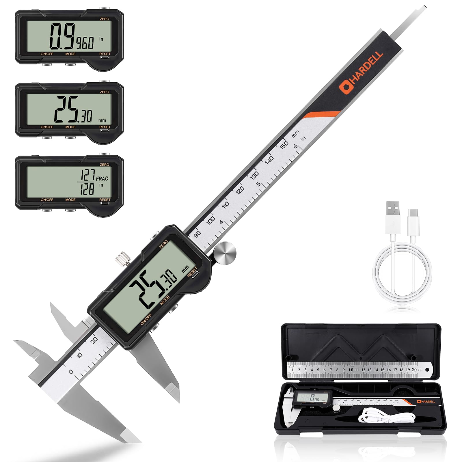 HARDELL Rechargeable Digital Caliper 6" Digital Rebar with Reset, Measuring Tool with mm/in/F Conversion, Auto Shut-Off, Micrometer with Large Display
