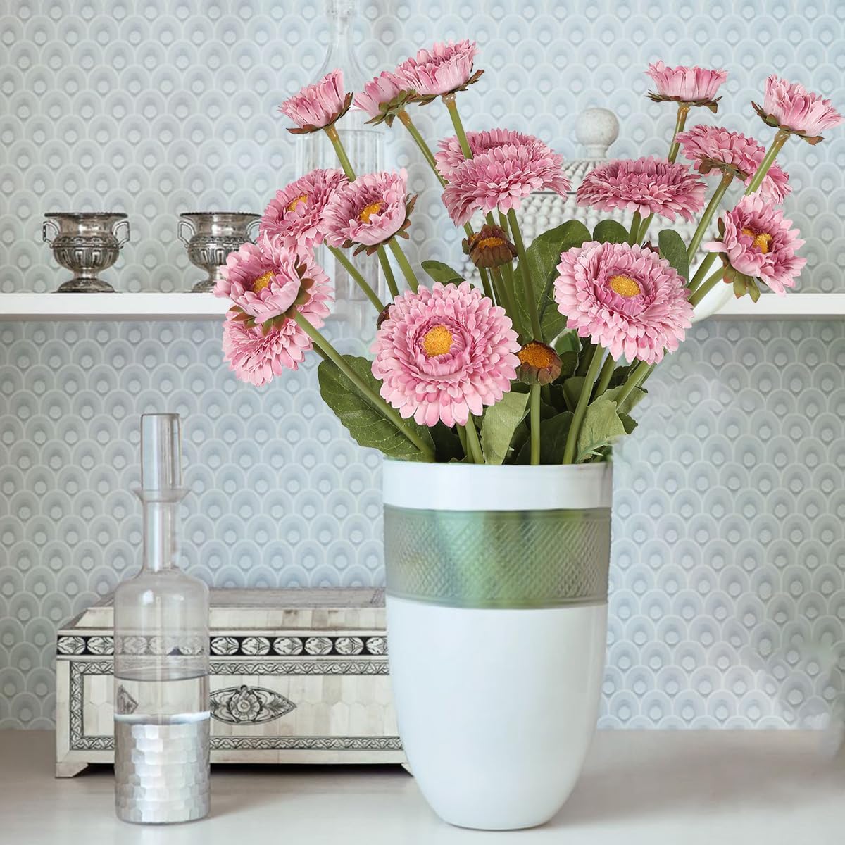 8pcs Chrysanthemum Flowers Artificial Fake Silk Pot Marigold Flowers Faux Daisy Bouquet with Stems for Home Wedding Dining Table Party Decor(Light Purple) - Image 3