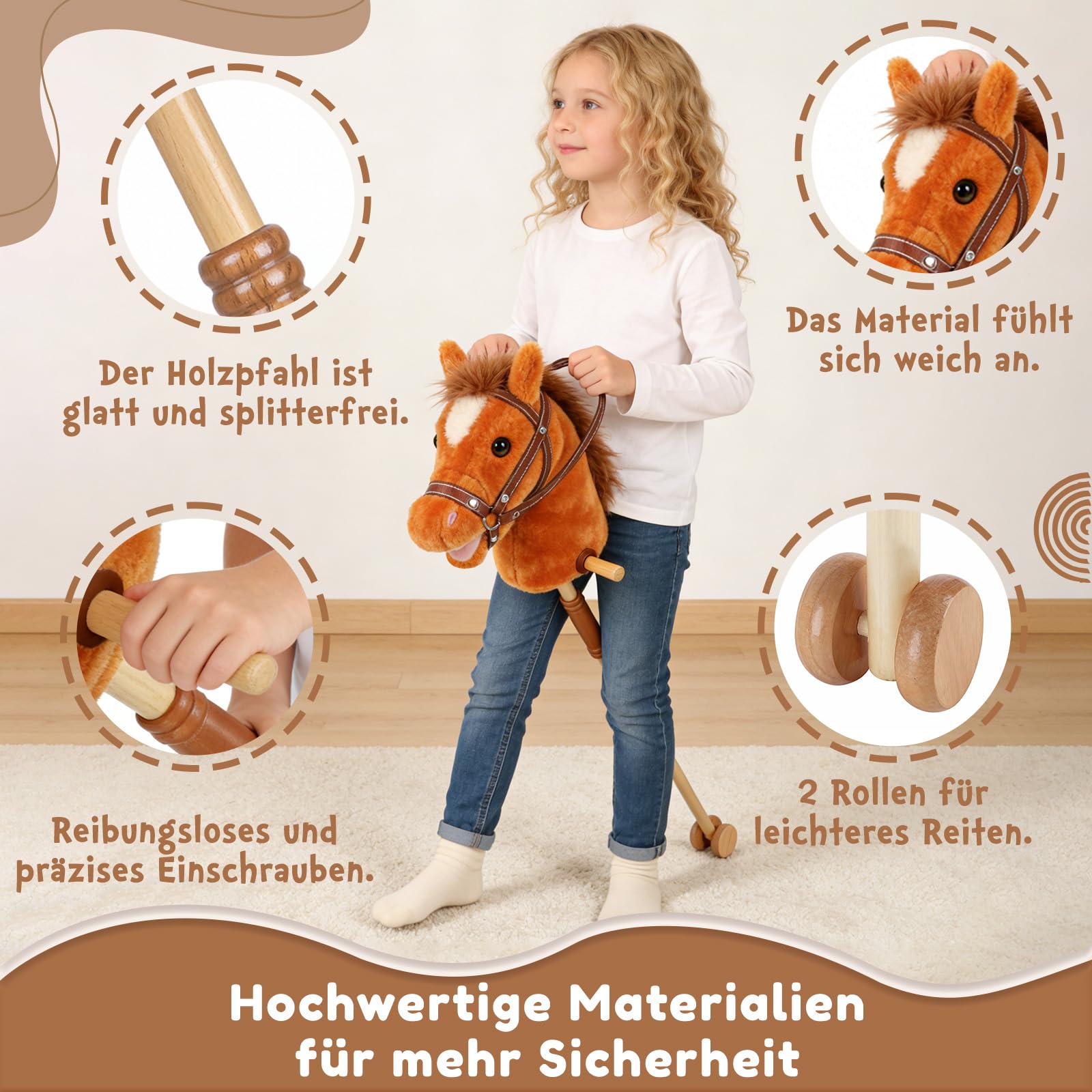 IEEILULU Hobby Horse, Steckenpferd Kinder Braun, Holzpferd für Draußen mit Hobby Horse Trense, Räder und Griffe für Garten, Geburtstag & Reitspiele (Braun)