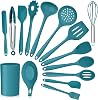 Teal Blue Kitchen Utensils Set, E-far 15-Piece Silicone Cooking Utensils with Holder, Non-stick Cookware Friendly & Heat Resistant, Includes Ladle Spatula Spoon Slotted Turner for Cooking & Baking