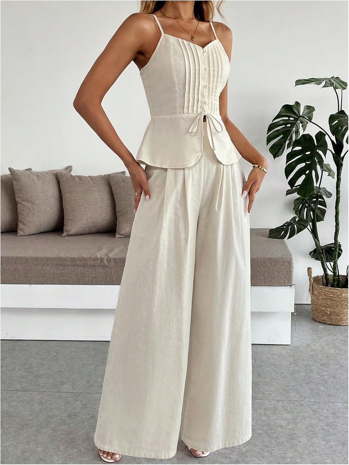 SOLY HUX Women's 2 Piece Summer Outfit Button Down Peplum Cami Top and Wide Leg Pants Set - Image 3