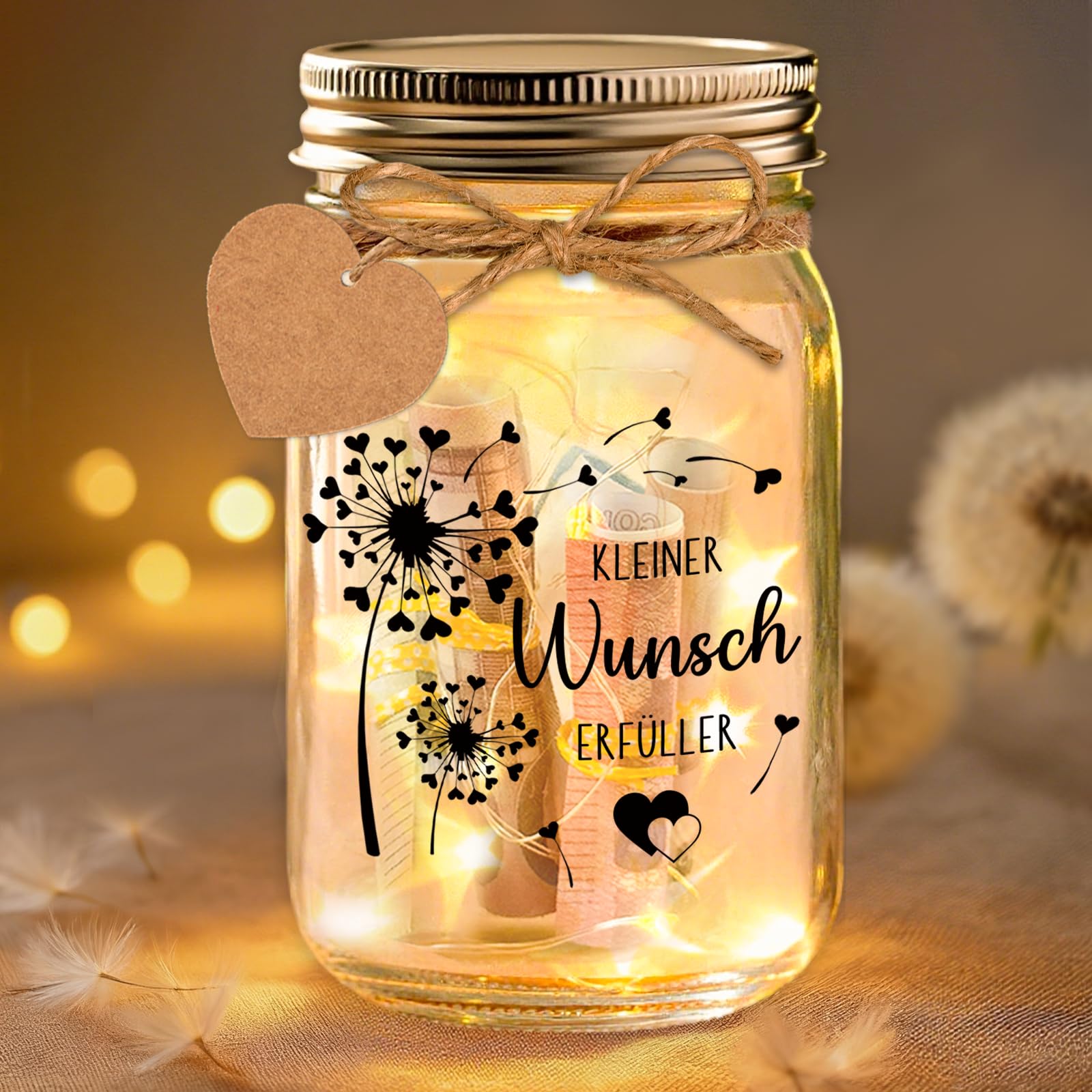 Leboria Wunscherfüller Geldgeschenk – LED Flaschenlicht Pusteblume, Geldgeschenke Verpackung Weihnachten Geburtstag Hochzeit Konfirmation Jugendweihe, Personalisierte Geschenke für Frauen Männer