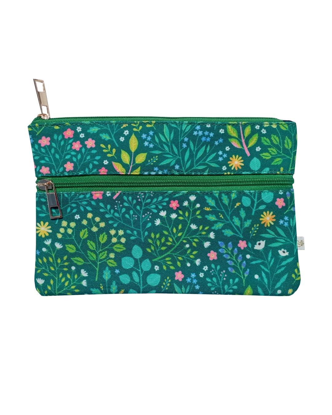 Green Garden Pencil Pouch | 2 Zipper Compartments | 24 x 16 CM Poly Canvas | Faux Leather Zip | Water Resistent | Suitable for Work, School, College | Multipurpose | Illustrated |