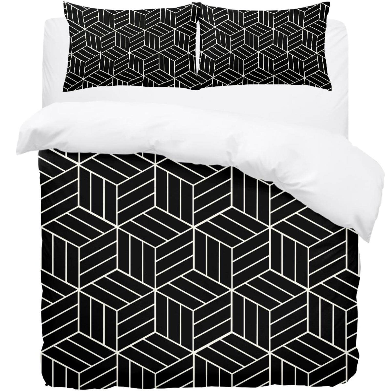 Parure de lit simple 3 pièces géométrique noir pour chambre moderne