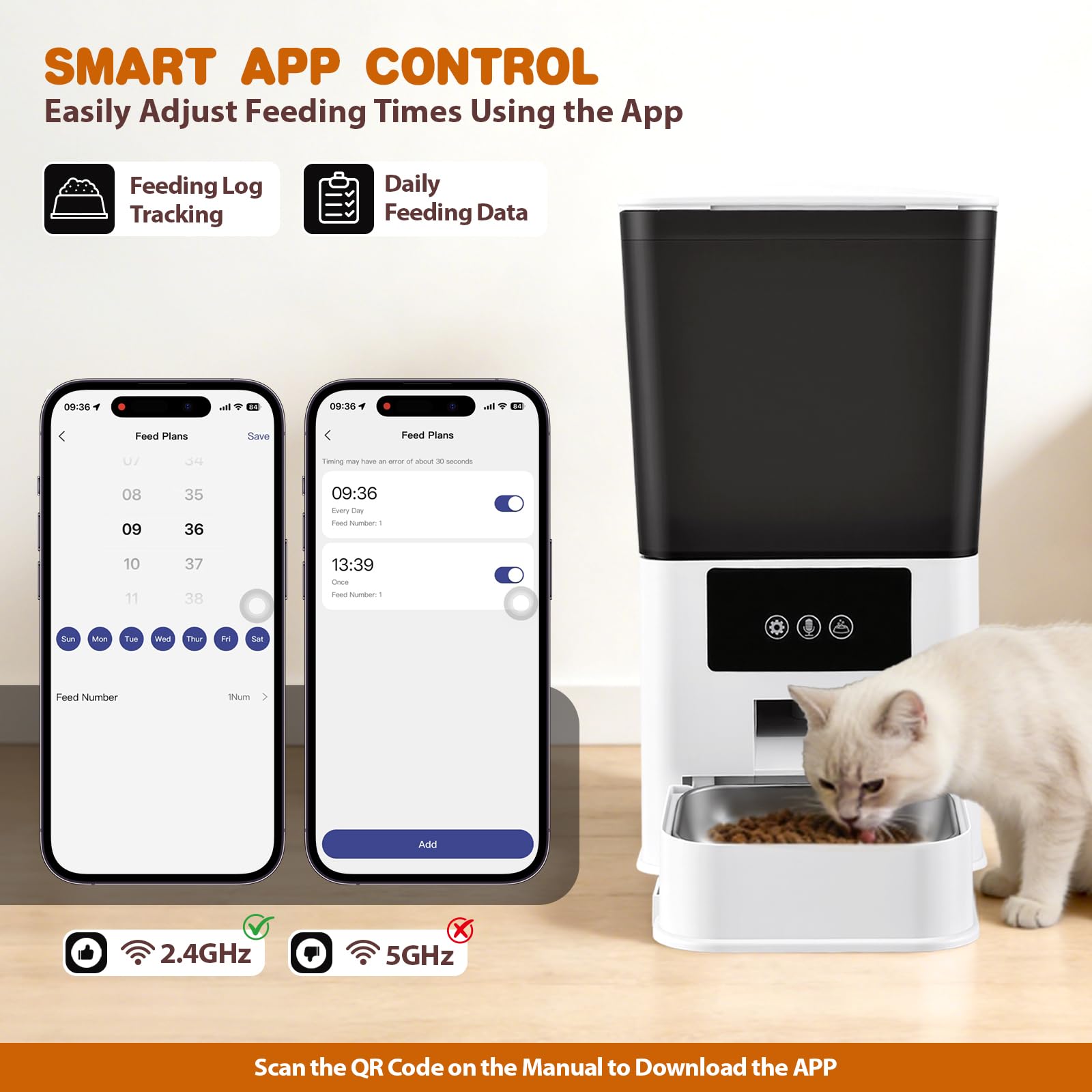 Comedero Gato Automatico 5L con App WiFi, 15g Porciones para Gatos y Perros | Dispensador comida gatos WiFi 2,4GHz, 1-10 comidas/día, antiatascos, voz personalizada y cuenco acero inoxidable