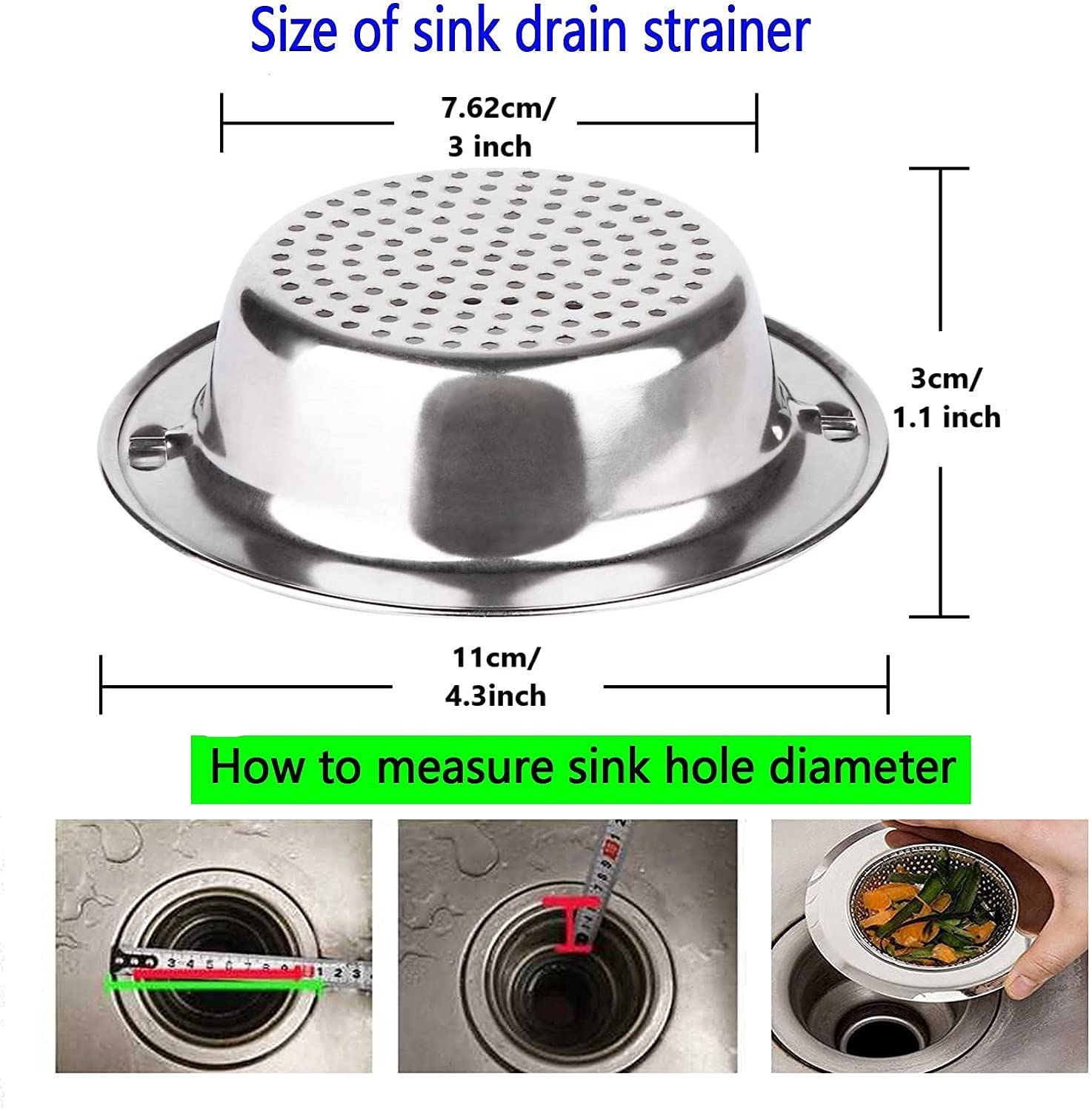 SYGA Stainless Steel Sink Strainer Basket with Handle 11cm/4.33inch Large Wide Rim Anti Clogging Mesh Drain Filter Vegetable Hair Catcher Drain Cover for Most Bathroom Kitchen Home Sinks Drain-Silver — Amazon image 4