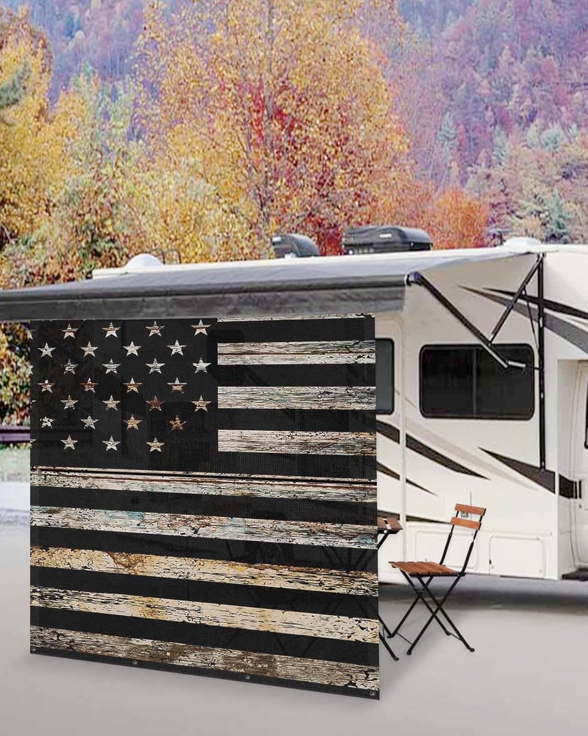 RV Awning Sun Shade Screen with Zipper 9'x7' Wooden Board Texture American Flag Mesh Sunshade UV Blocker Awning Shade Complete Kits for Motorhome Camper Travel Trailer Canopy