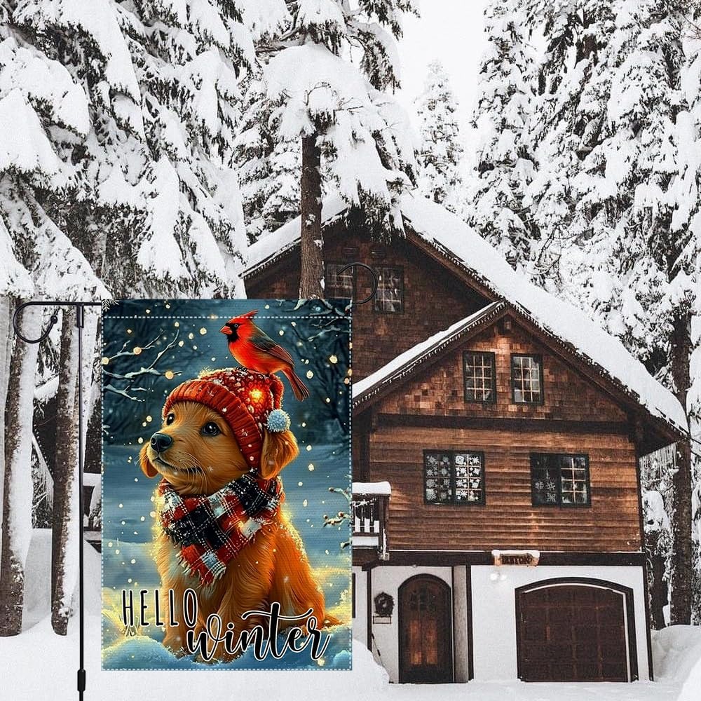 12x18 Inch Double Sided Burlap Garden Flag Winter Puppy with Red Cardinal Bird Cute Holiday Outdoor Yard Decor - Image 5