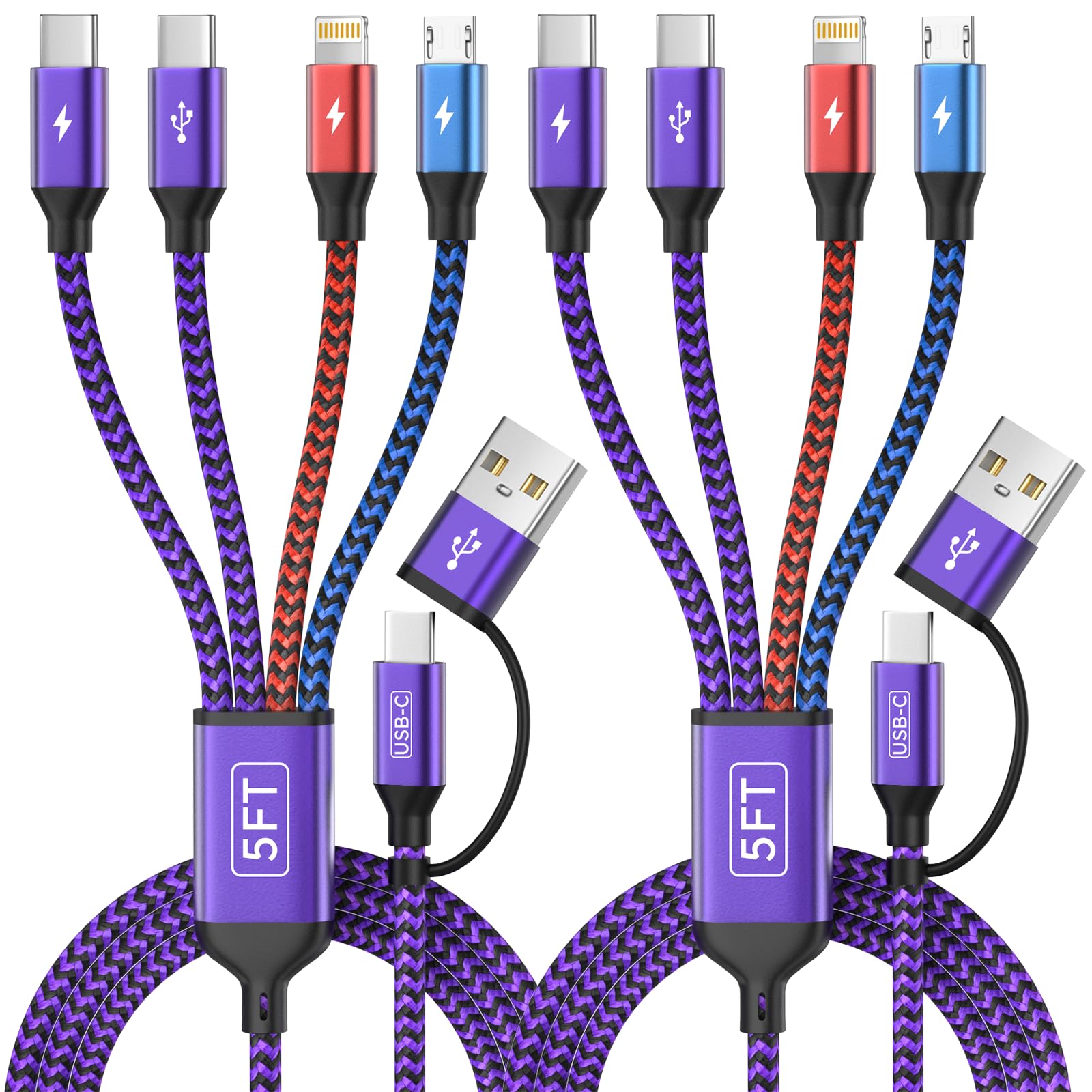 Cavo di ricarica USB multiporta, viola, confezione da 2, 1,5 m, 4 in 2, cavo in nylon intrecciato con Lightning, Tipo-C, connettori micro USB,