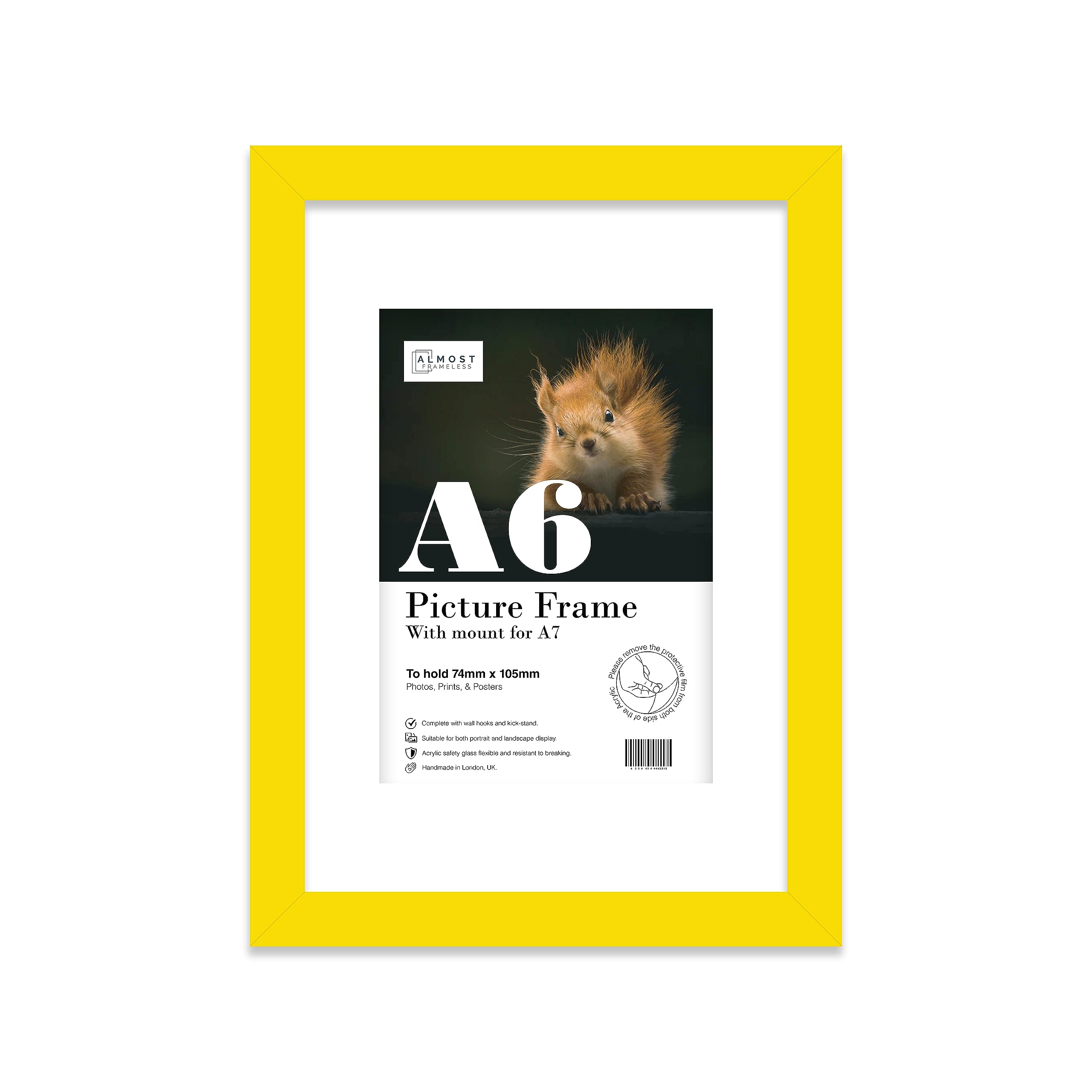 Almost Frameless A6 Yellow Picture Frame With Mount for A7 Print, Poster or Photo Poster, Photo, Artwork, or Print. Thin Edge Slim Frame Portrait and Landscape Display with Wall Hooks โ image 1