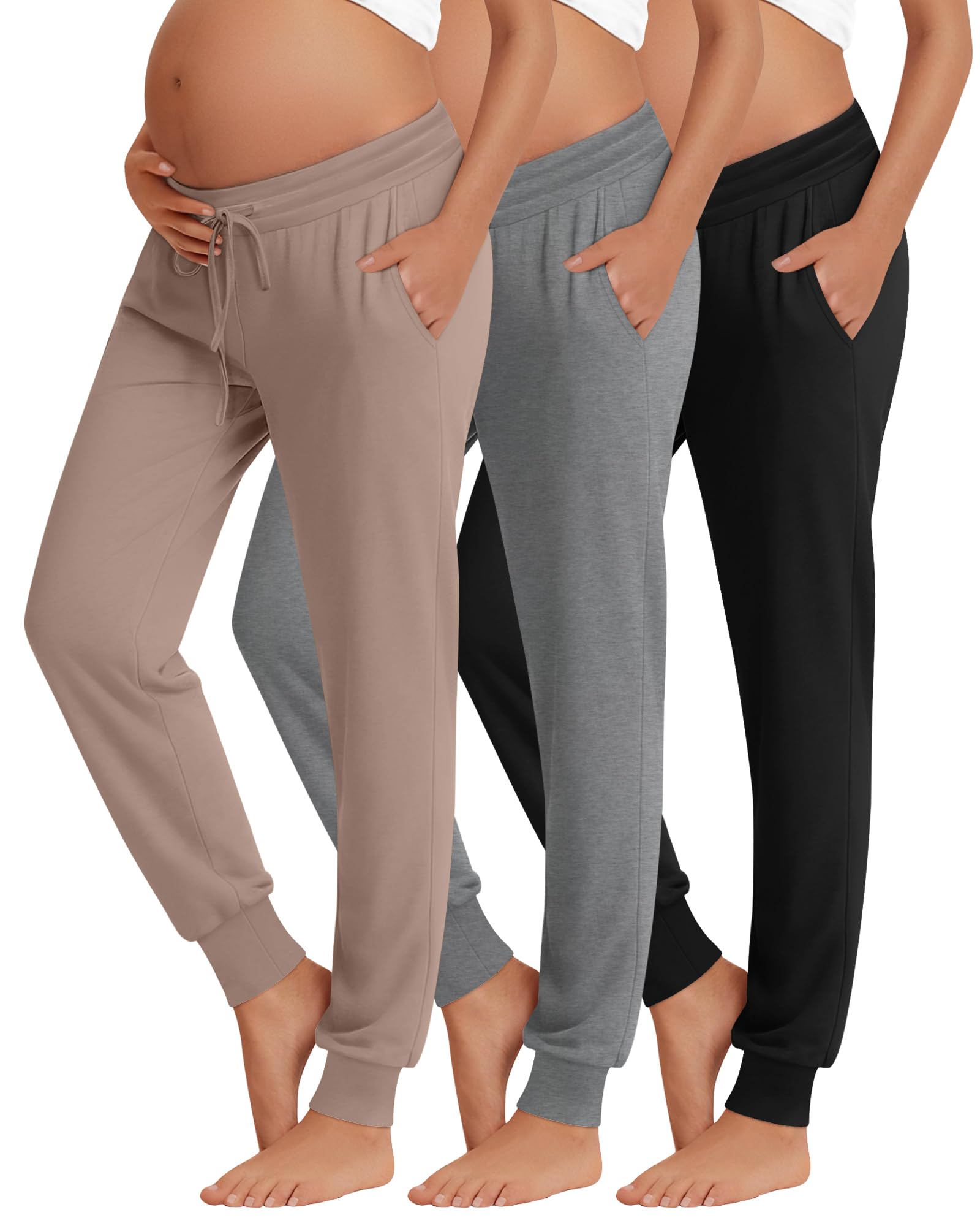 3 Pack Womens Lounge Maternity Pants Casual Joggers Underbelly Pregnancy Sweatpants with Drawstring and Pockets