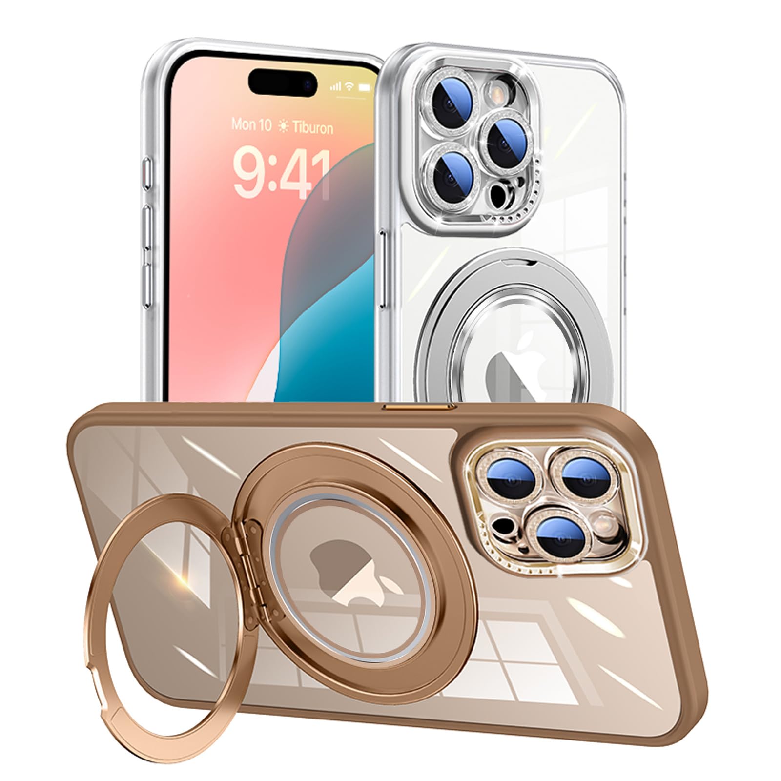 Damesine iPhone 15 ProMax用ケースMagSafe対応 360°回転マグネットスタンド付き 取り外せるキラキラなカメラカバーレンズ保護 一つのケースで二つの使い方 クリア背面 薄型 シリコン耐衝撃 可愛いアイホンケース 黄変防止 防塵ネット付き オシャレなアイフォン15プロマックスケース ホワイト