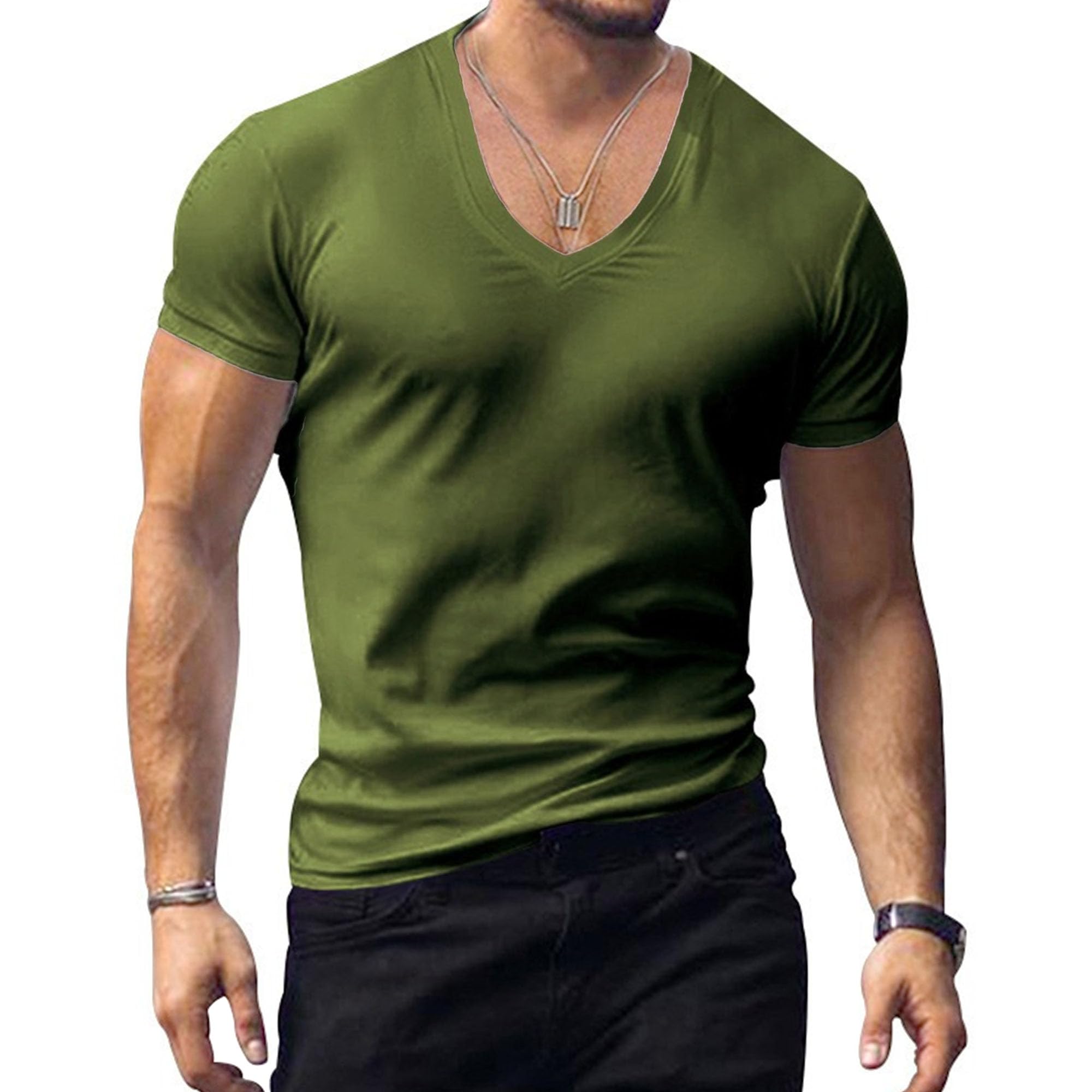 Men V-Neck Solid Casual Short-Sleeved T-Shirt Classic Comfortable Sport Training Shirt Summer Thin Exercise Tops (Navy Green,Small)